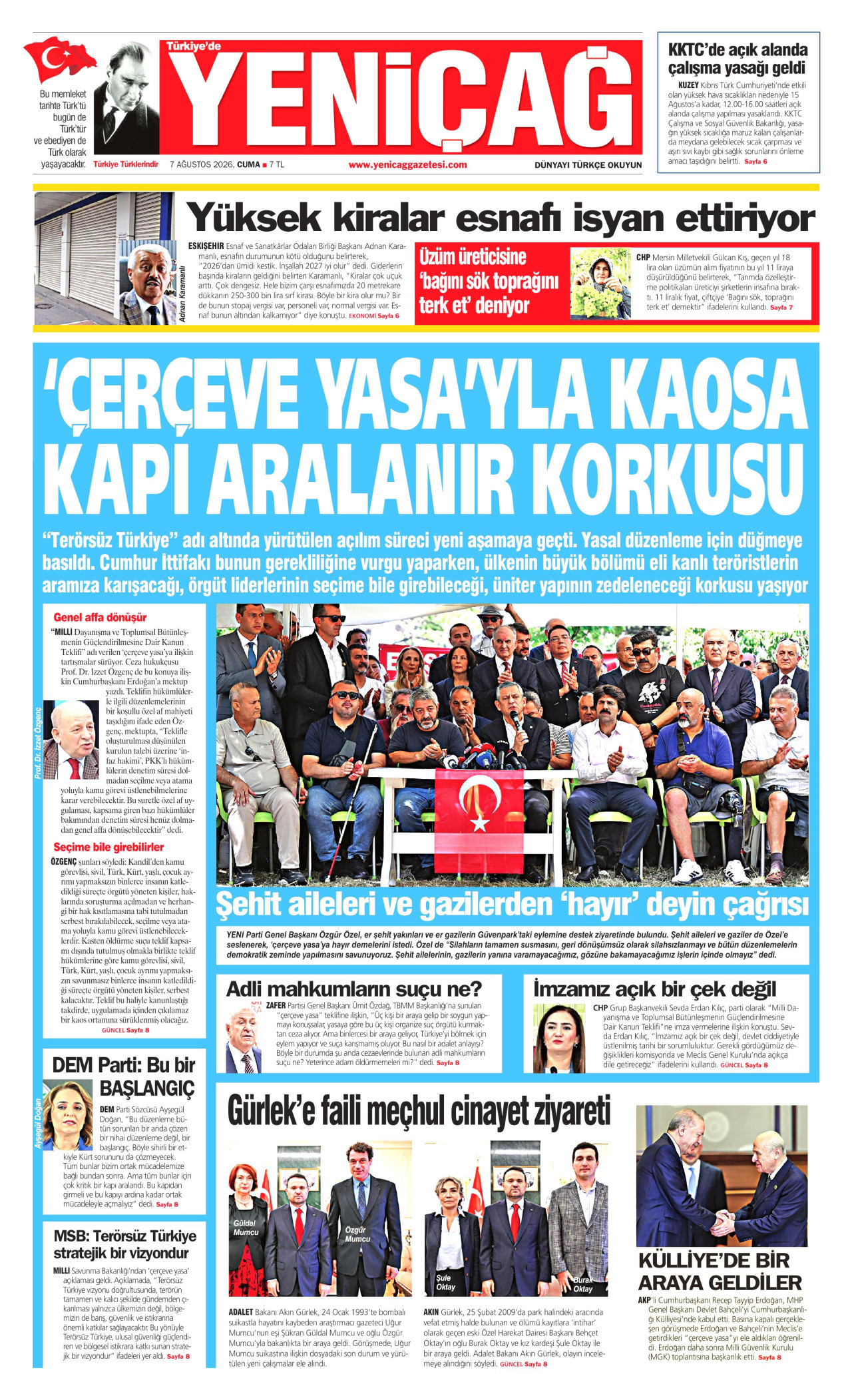 YENİÇAĞ gazetesinin 7 Ağustos 2026 tarihli birinci sayfası