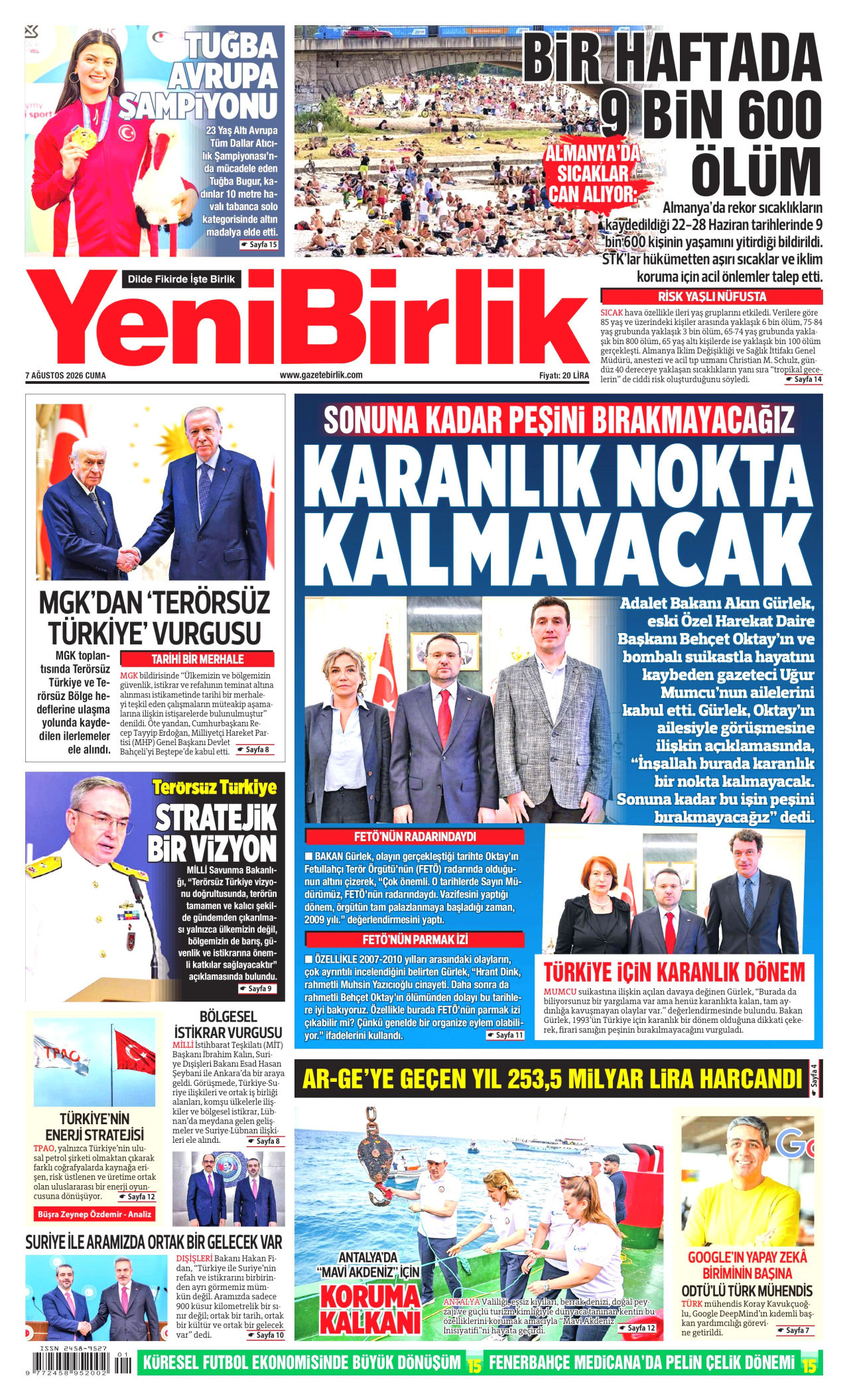 YENİBİRLİK gazetesinin 7 Ağustos 2026 tarihli birinci sayfası