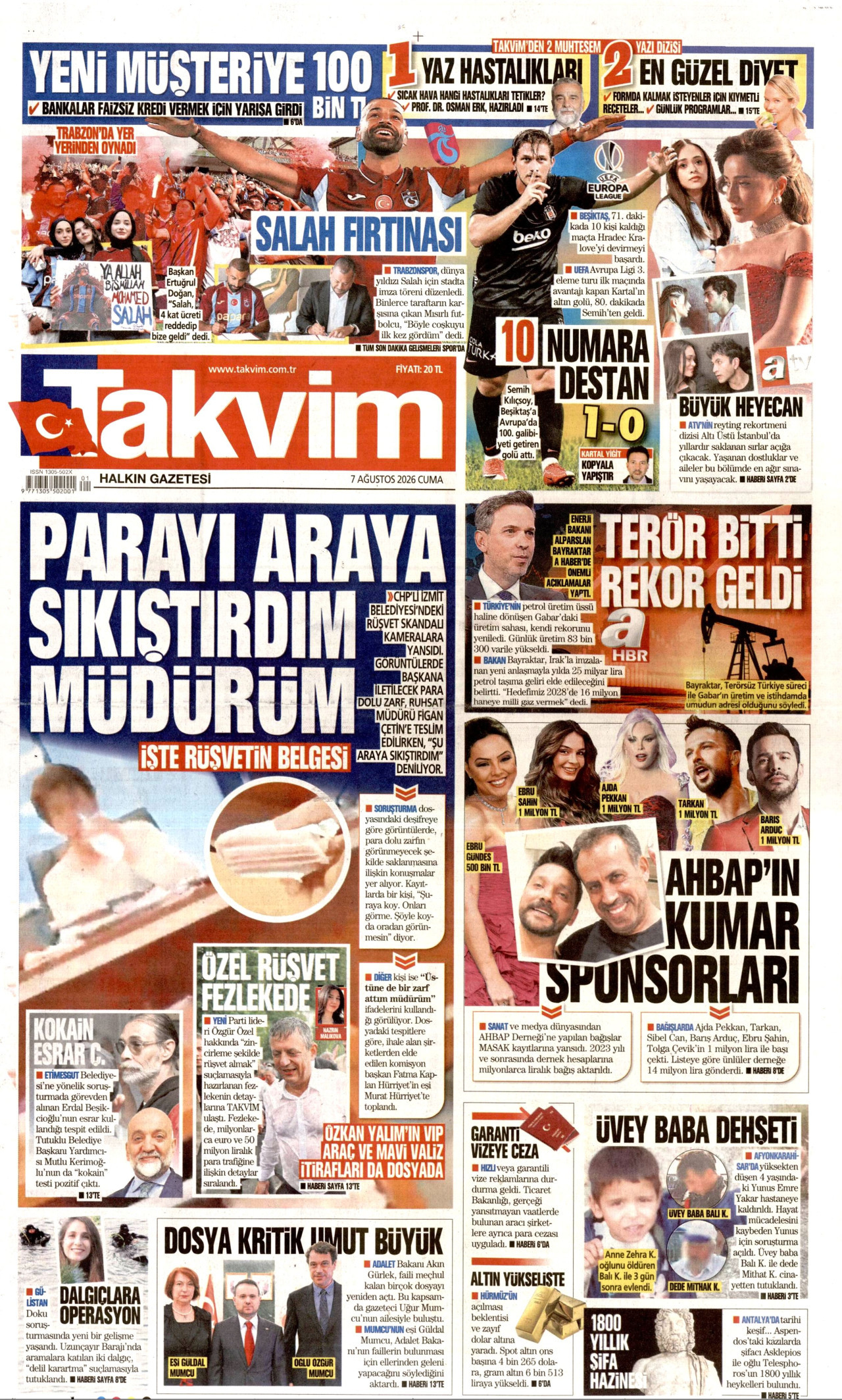 TAKVİM gazetesinin 7 Ağustos 2026 tarihli birinci sayfası