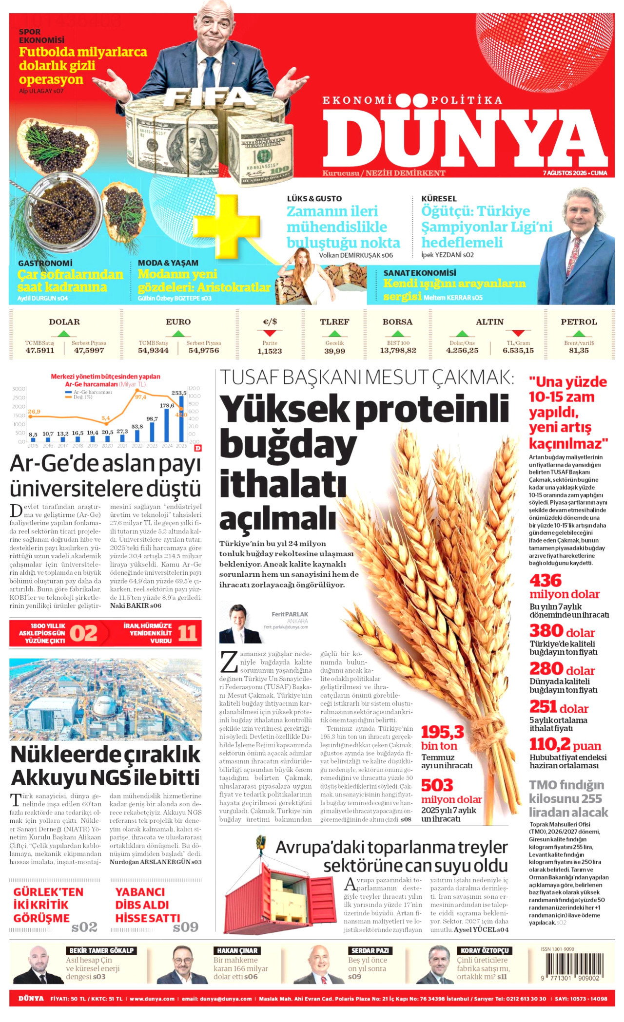 DÜNYA gazetesinin 7 Ağustos 2026 tarihli birinci sayfası