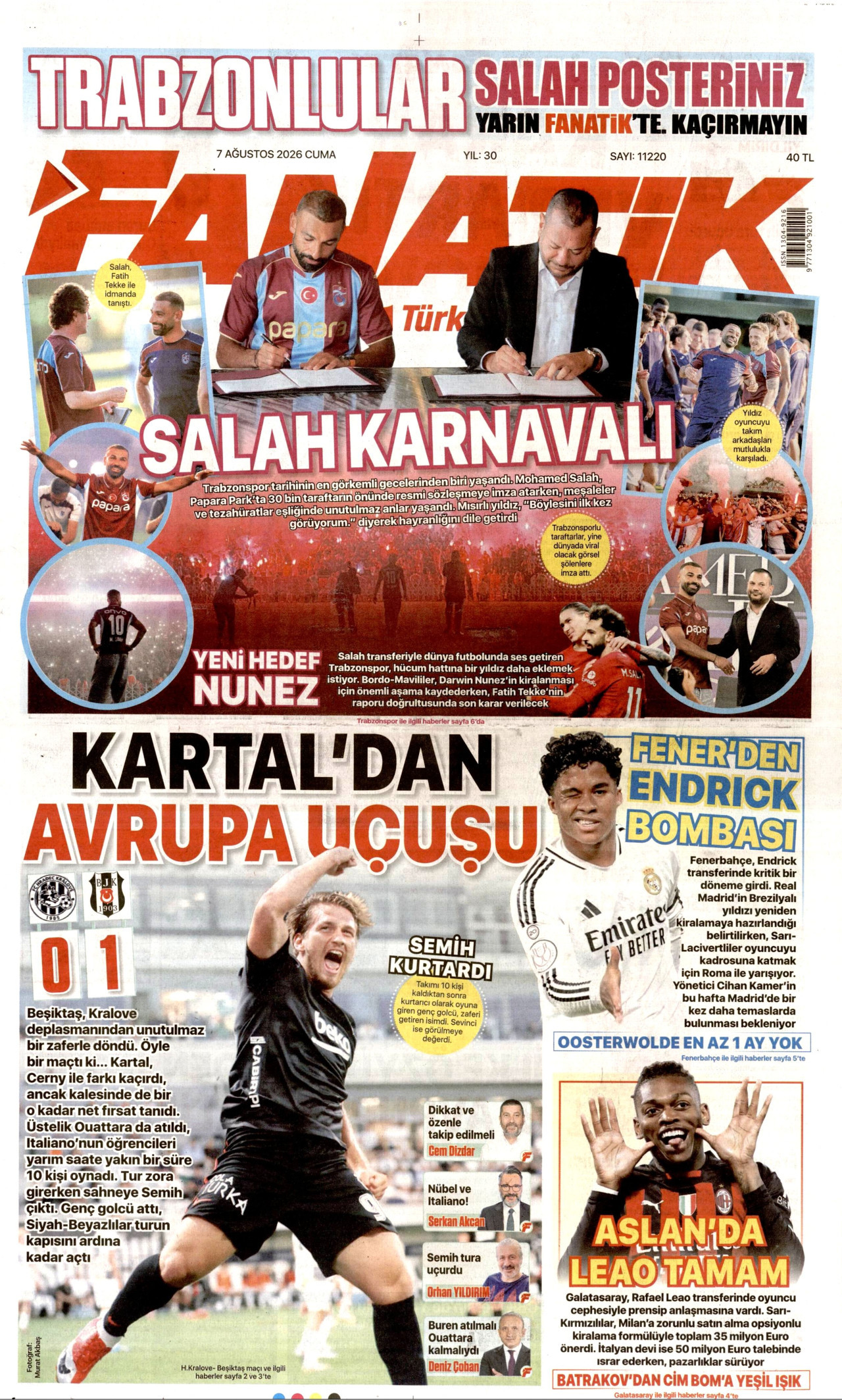 FANATİK gazetesinin 7 Ağustos 2026 tarihli birinci sayfası