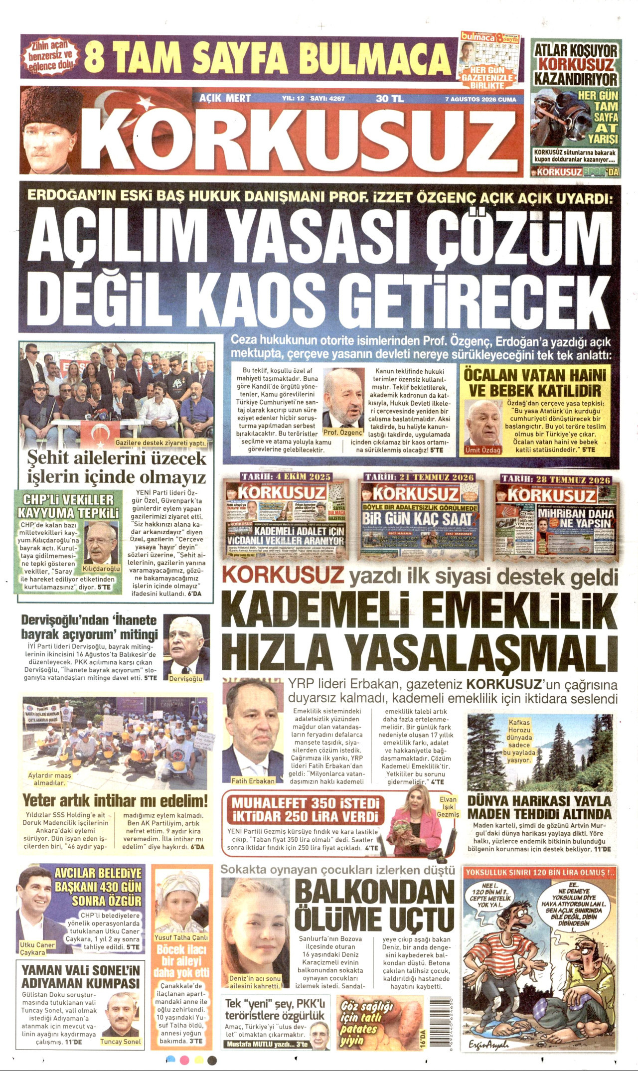 KORKUSUZ gazetesinin 7 Ağustos 2026 tarihli birinci sayfası