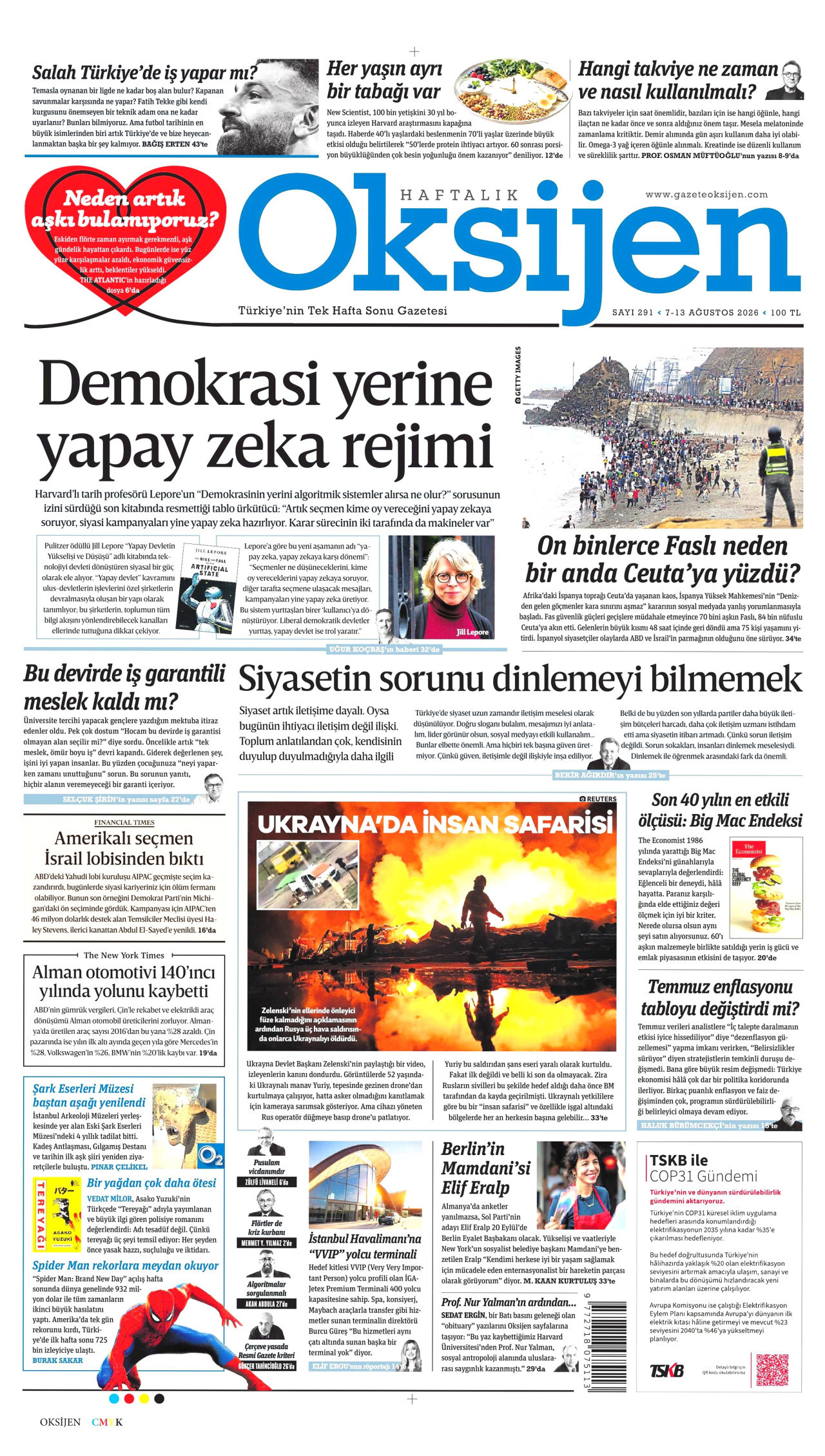 OKSİJEN gazetesinin 7 Ağustos 2026 tarihli birinci sayfası