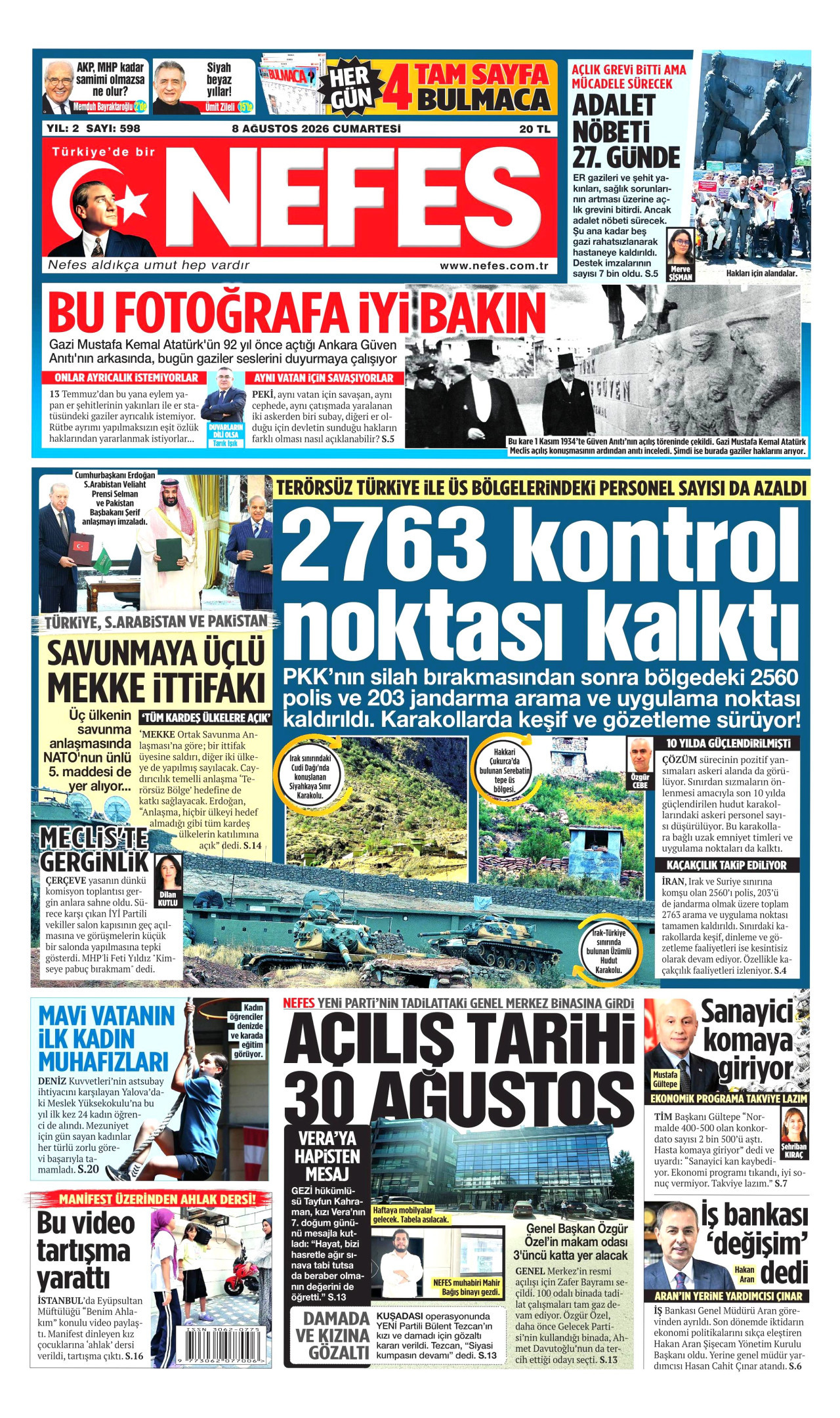 NEFES gazetesinin 8 Ağustos 2026 tarihli birinci sayfası