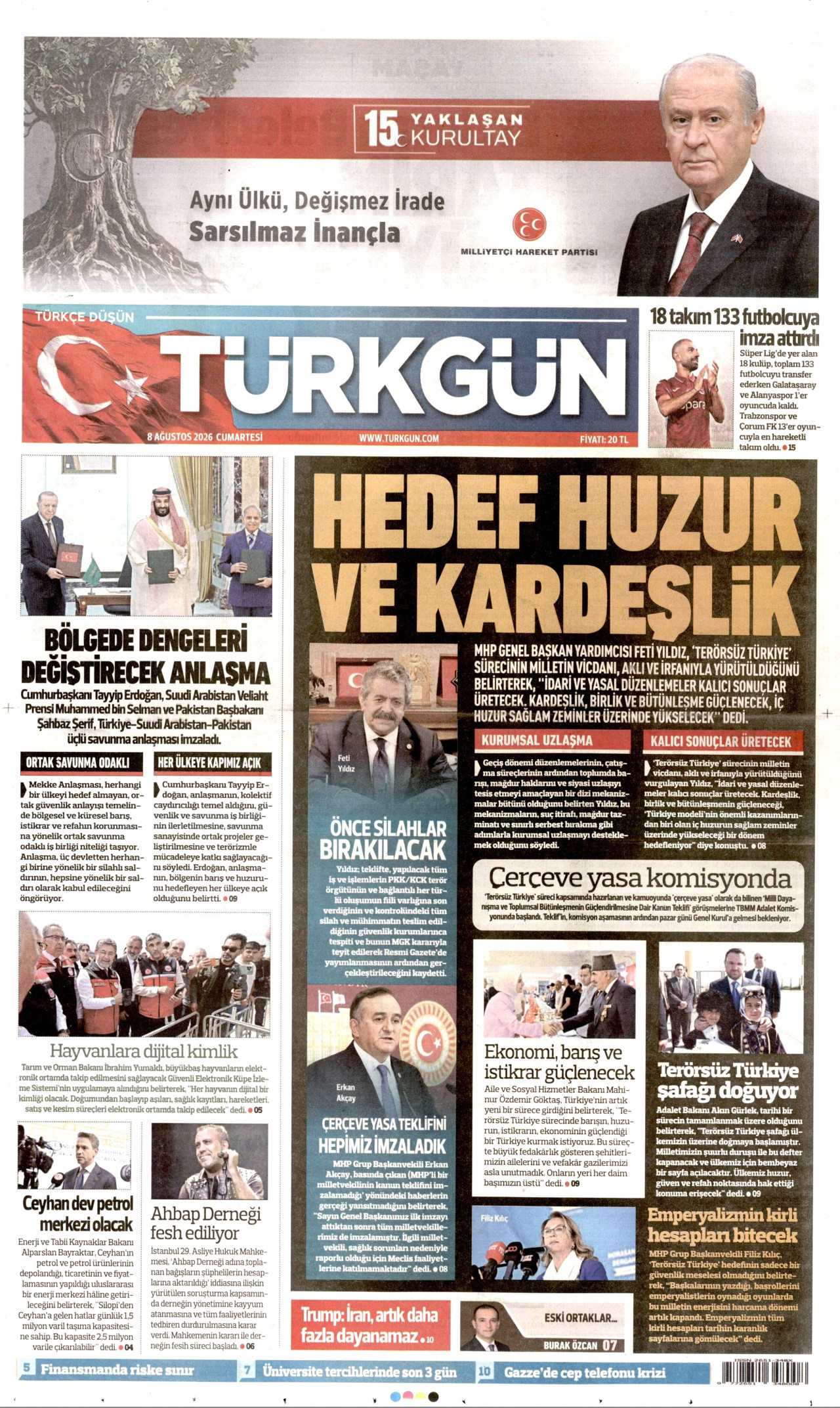 TÜRKGÜN gazetesinin 8 Ağustos 2026 tarihli birinci sayfası