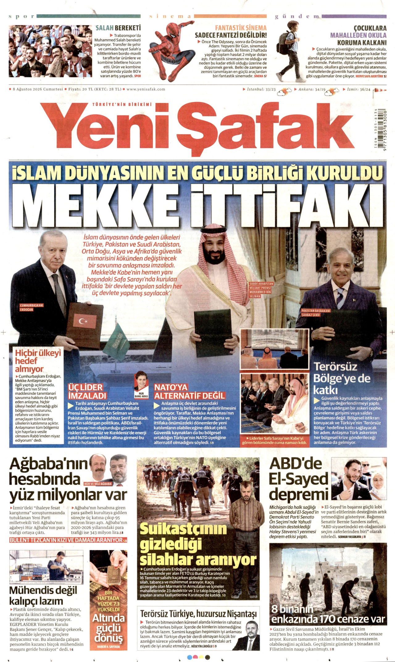 YENİ ŞAFAK gazetesinin 8 Ağustos 2026 tarihli birinci sayfası