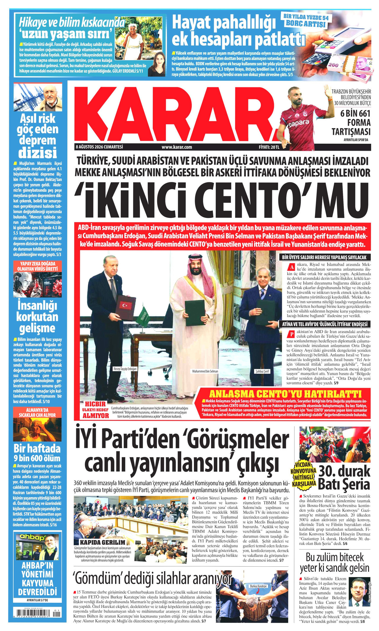 KARAR gazetesinin 8 Ağustos 2026 tarihli birinci sayfası