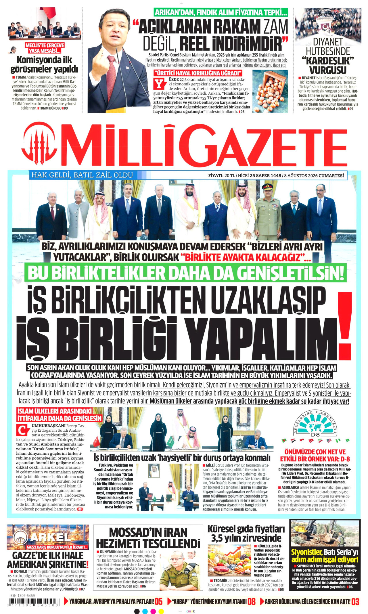 MİLLİ GAZETE gazetesinin 8 Ağustos 2026 tarihli birinci sayfası