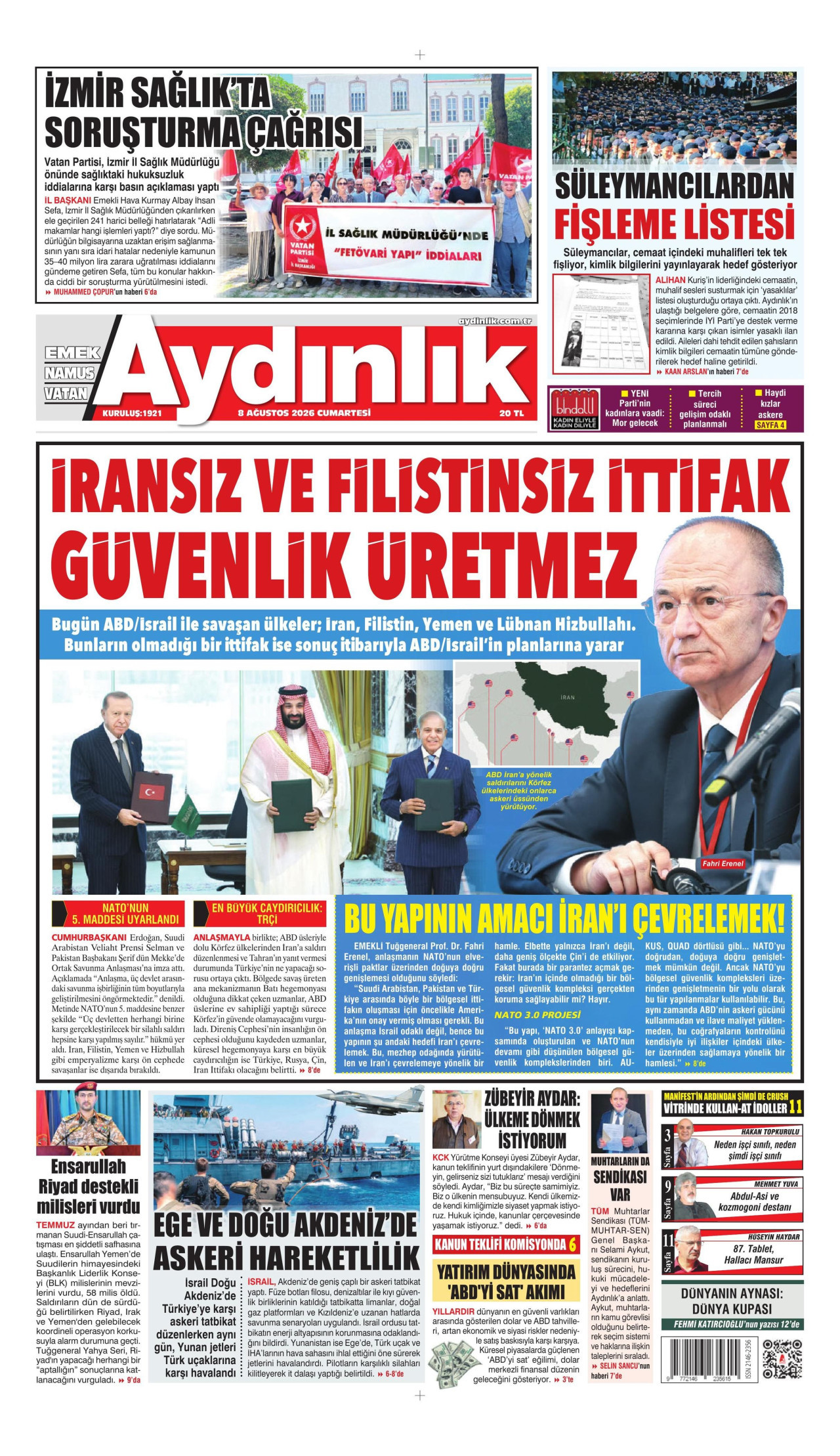 AYDINLIK GAZETESİ gazetesinin 8 Ağustos 2026 tarihli birinci sayfası