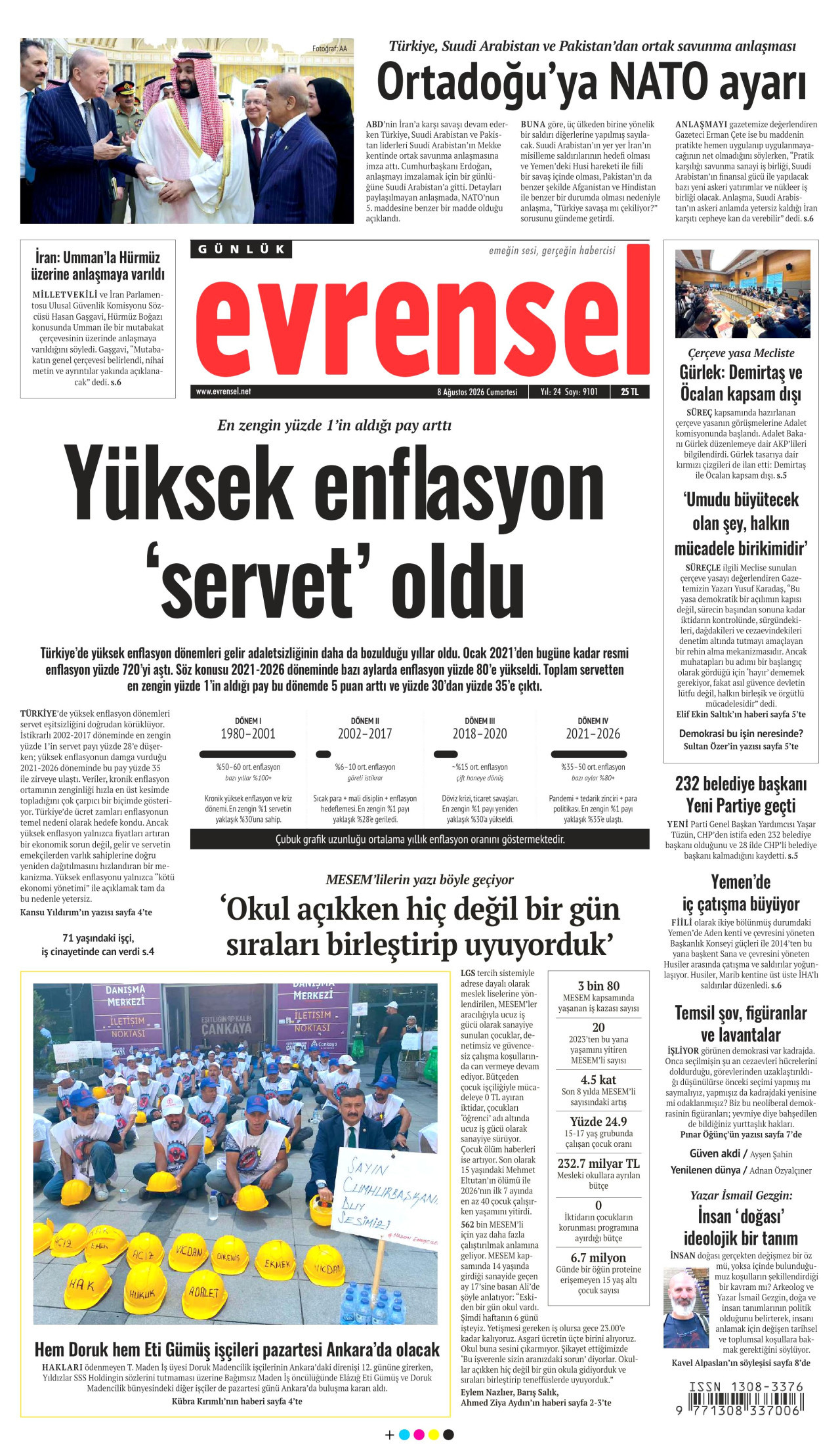 EVRENSEL gazetesinin 8 Ağustos 2026 tarihli birinci sayfası