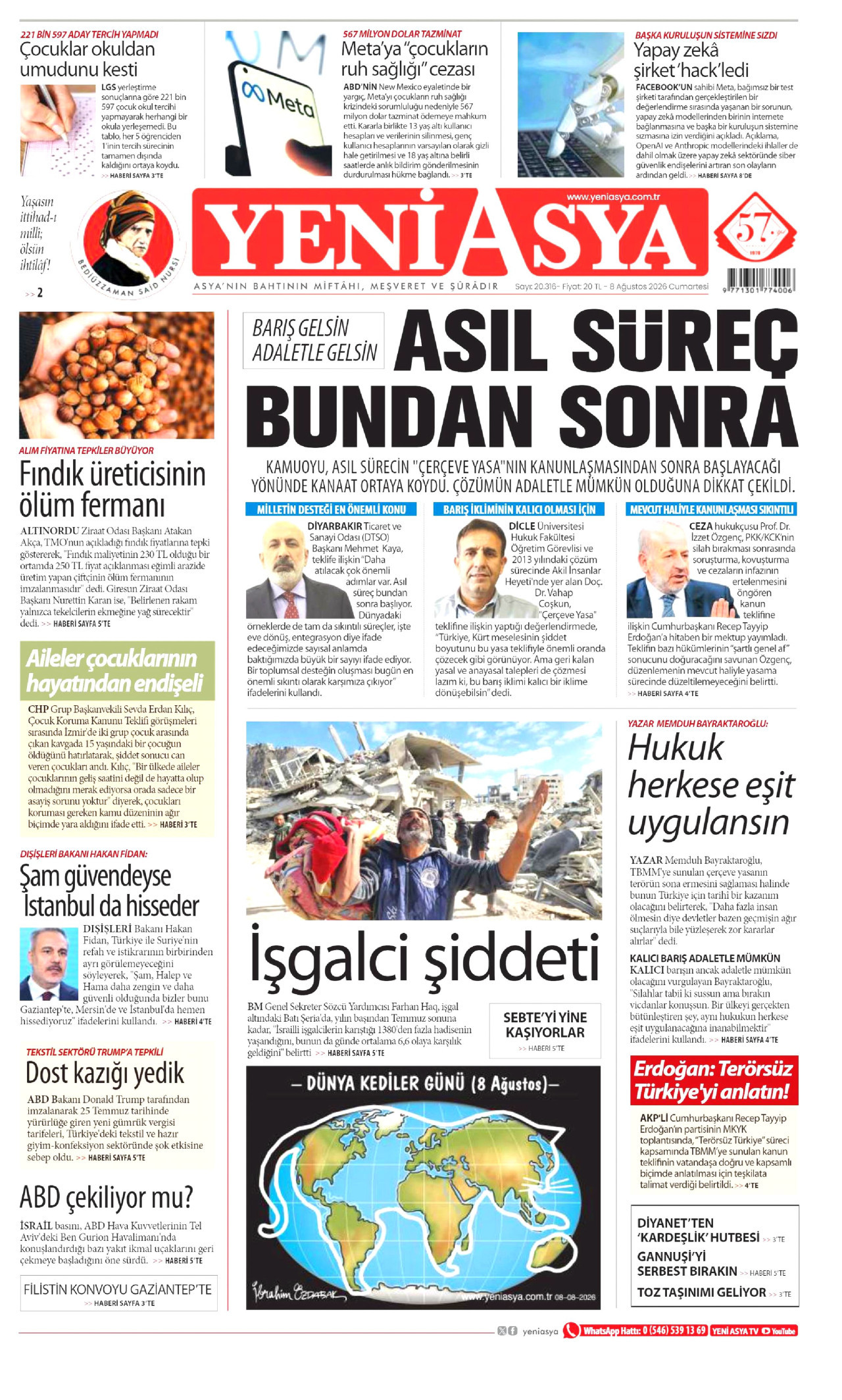 YENİ ASYA gazetesinin 8 Ağustos 2026 tarihli birinci sayfası