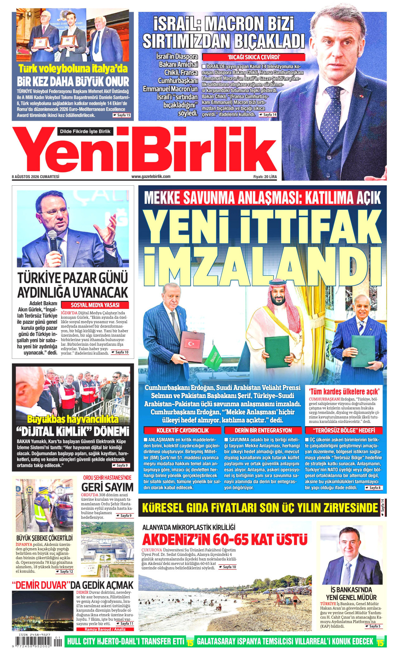 YENİBİRLİK gazetesinin 8 Ağustos 2026 tarihli birinci sayfası