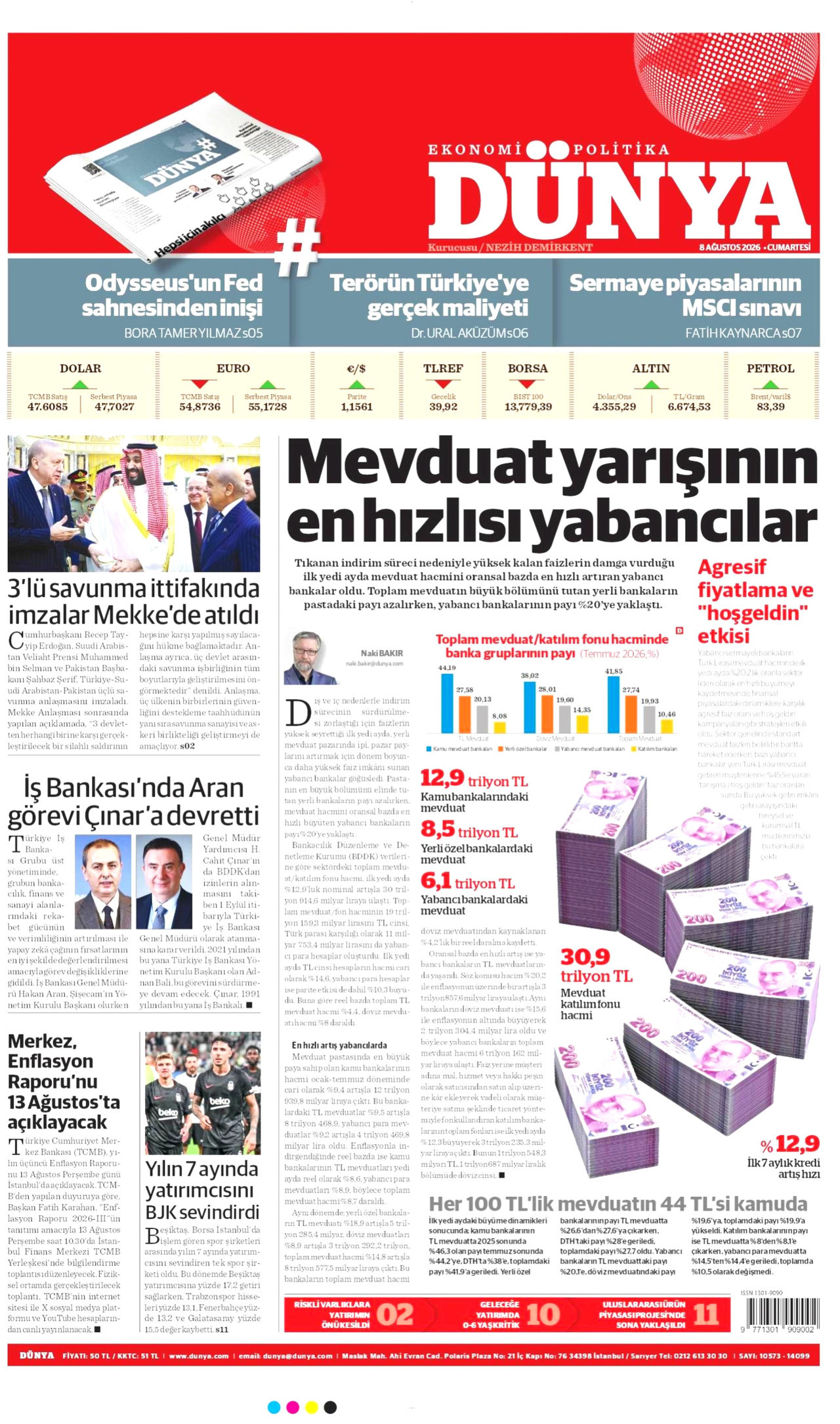 DÜNYA gazetesinin 8 Ağustos 2026 tarihli birinci sayfası