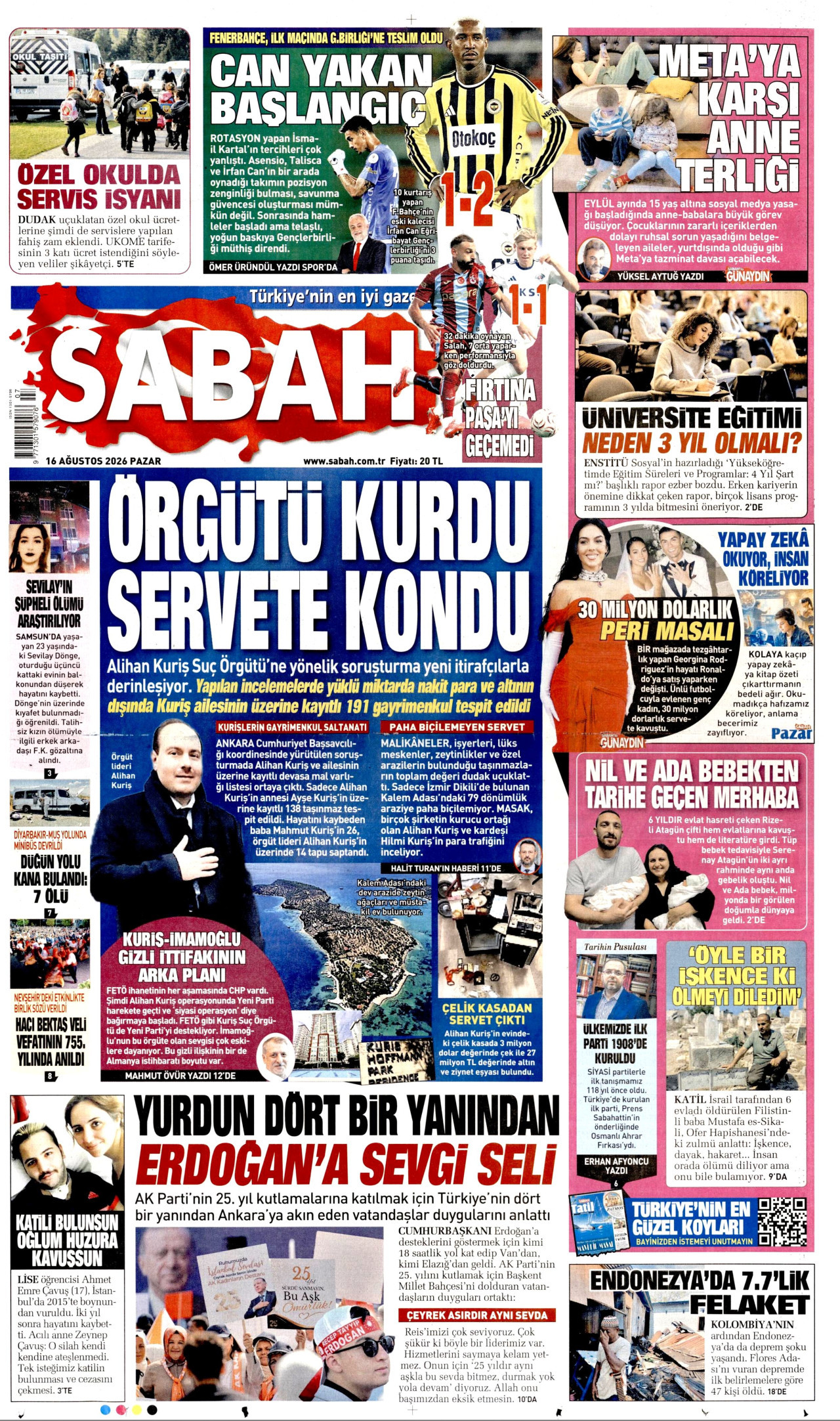 SABAH 16 Ağustos 2026 Gazete Manşeti Büyük