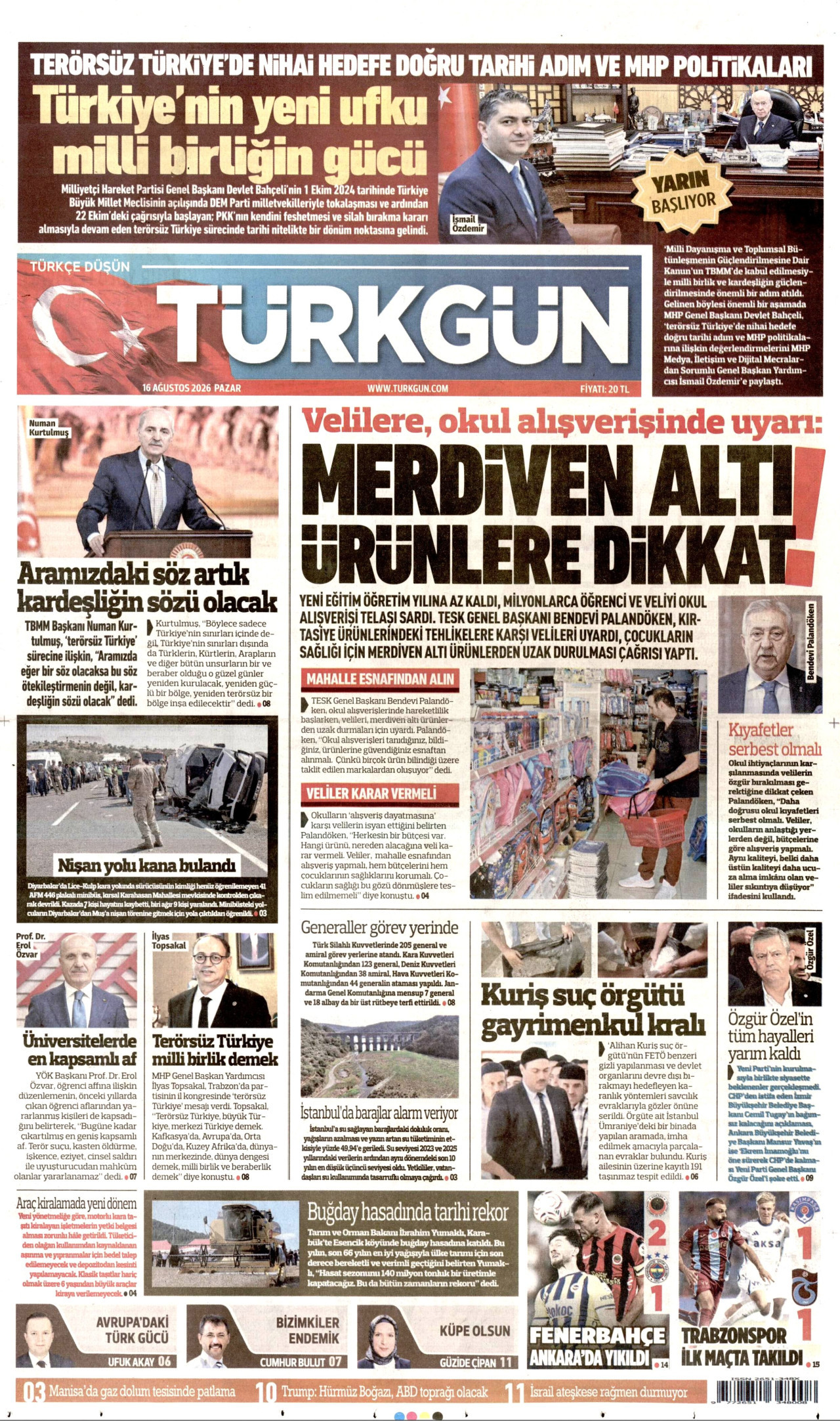 TÜRKGÜN 16 Ağustos 2026 Gazete Manşeti Büyük