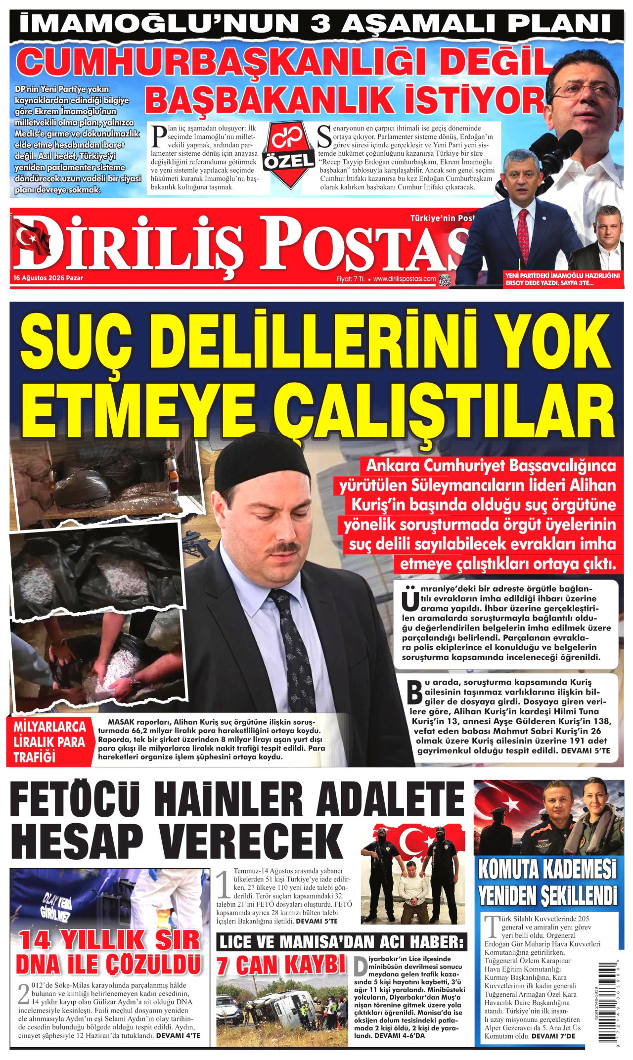 DİRİLİŞ POSTASI 16 Ağustos 2026 Gazete Manşeti Büyük
