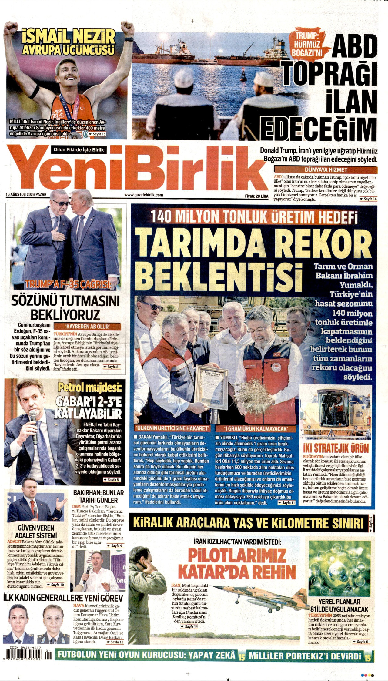 YENİBİRLİK 16 Ağustos 2026 Gazete Manşeti Büyük