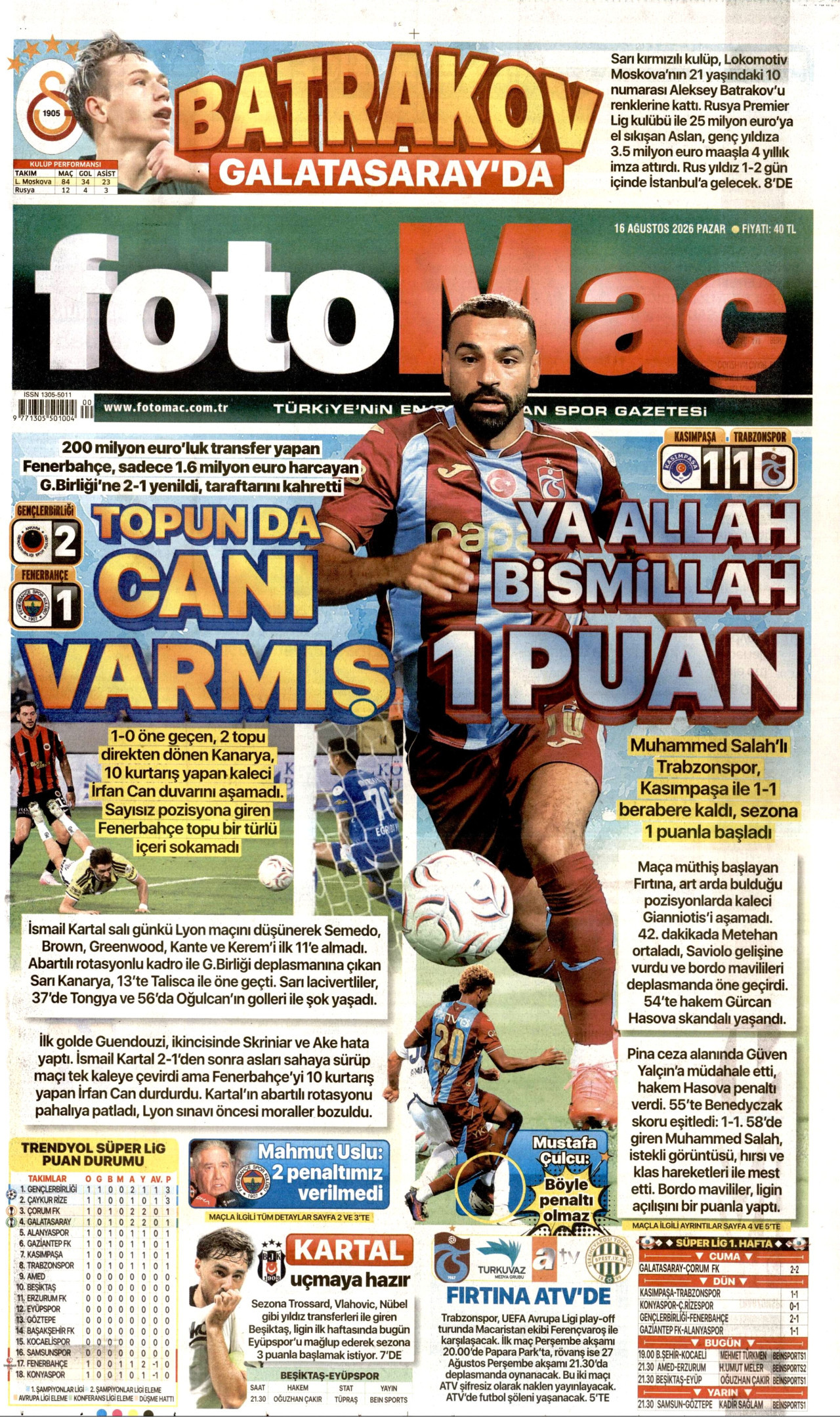 FOTOMAÇ 16 Ağustos 2026 Gazete Manşeti Büyük