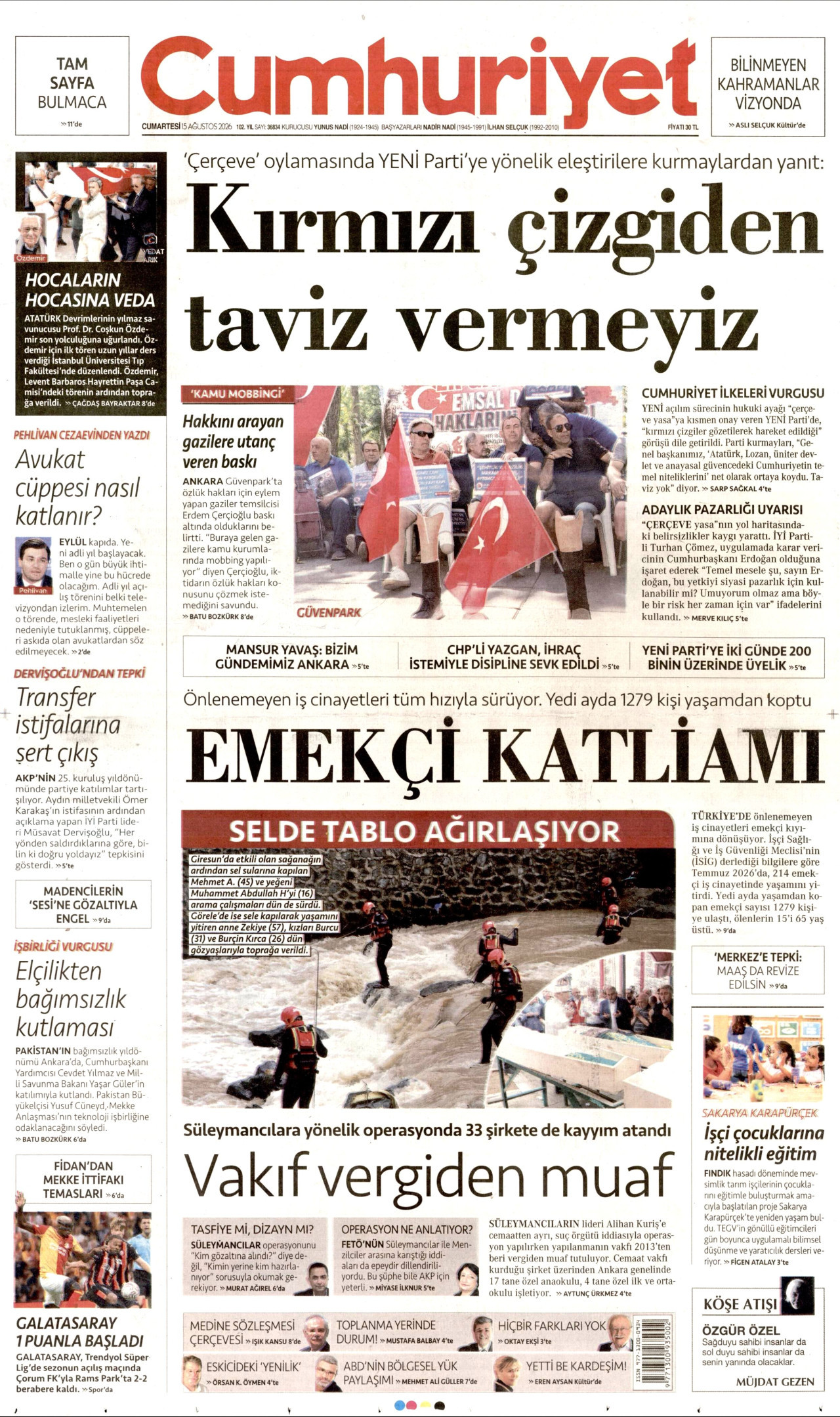 CUMHURİYET gazetesinin 15 Ağustos 2026 tarihli birinci sayfası