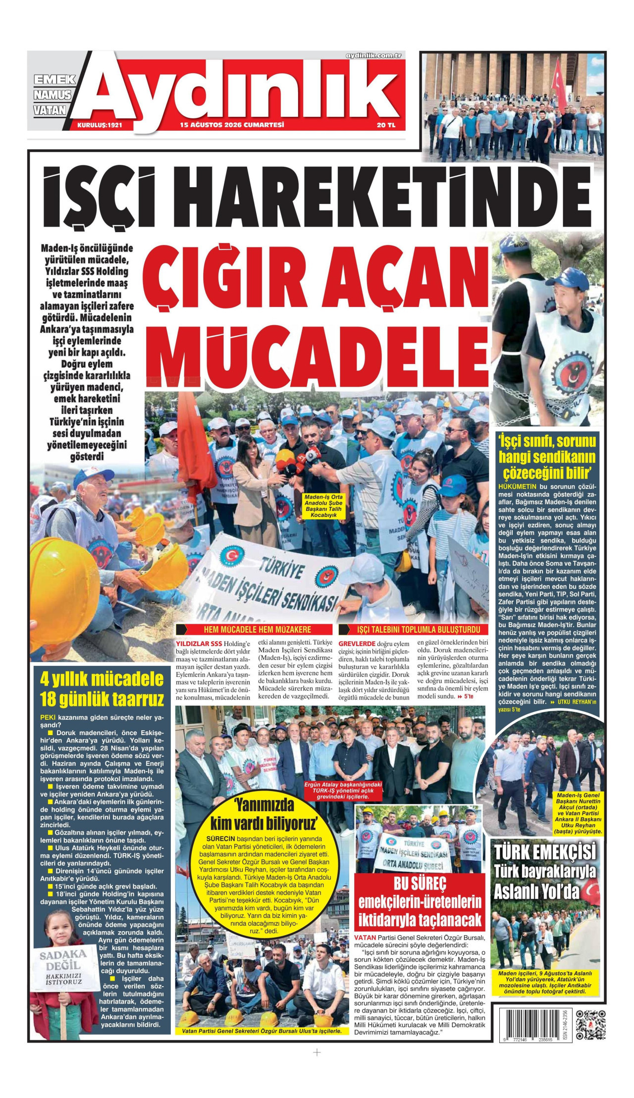 AYDINLIK GAZETESİ gazetesinin 15 Ağustos 2026 tarihli birinci sayfası