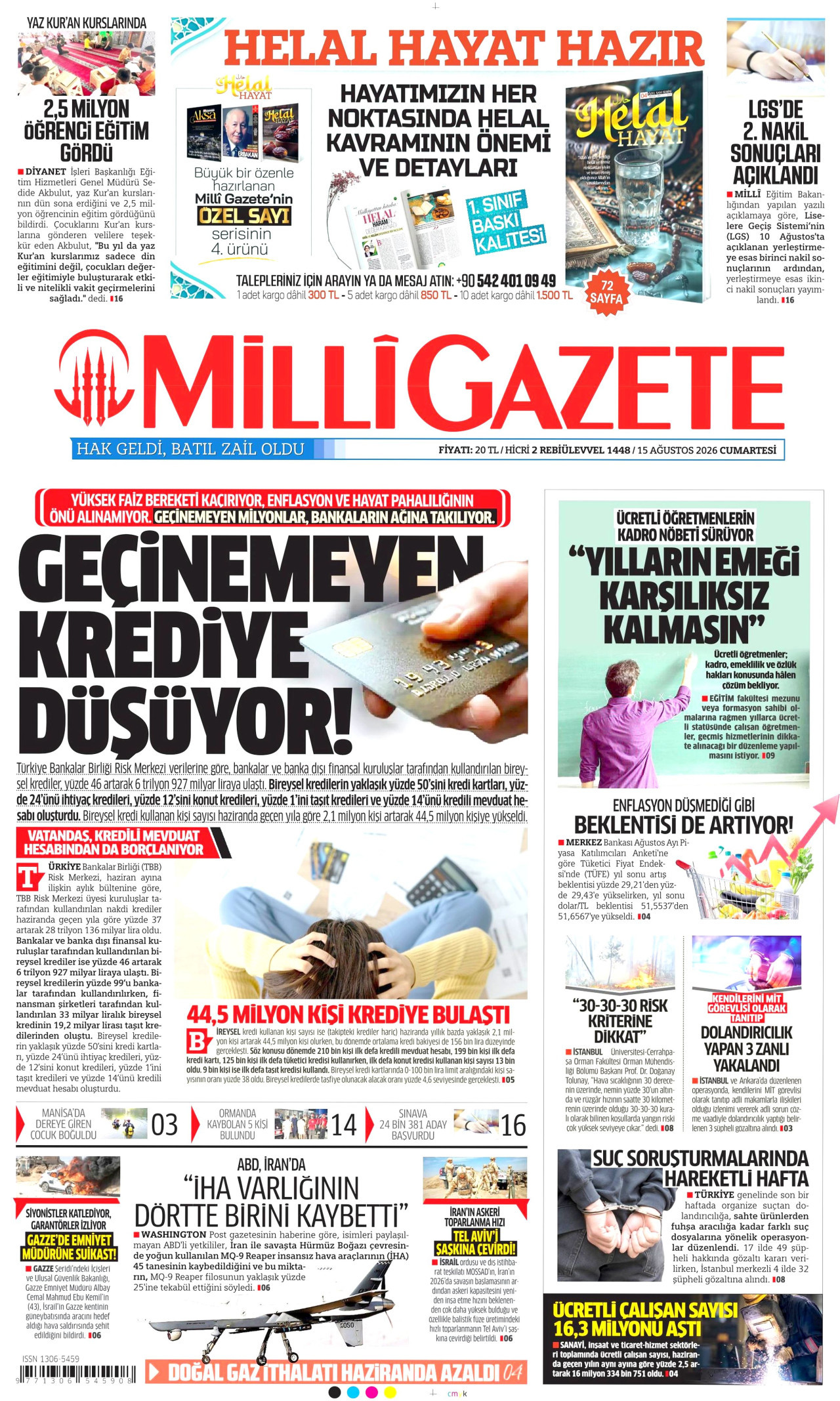 MİLLİ GAZETE gazetesinin 15 Ağustos 2026 tarihli birinci sayfası