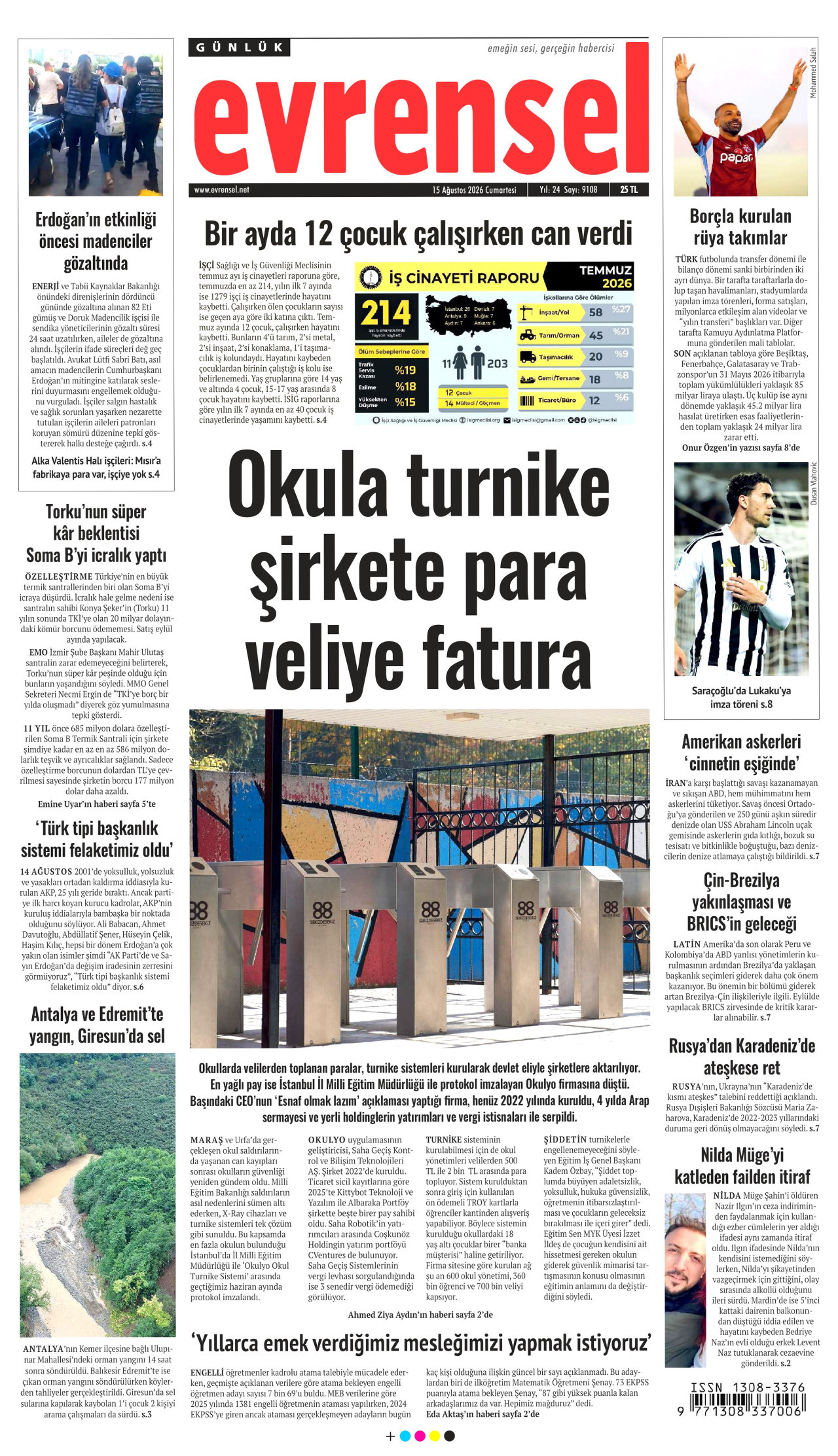 EVRENSEL gazetesinin 15 Ağustos 2026 tarihli birinci sayfası