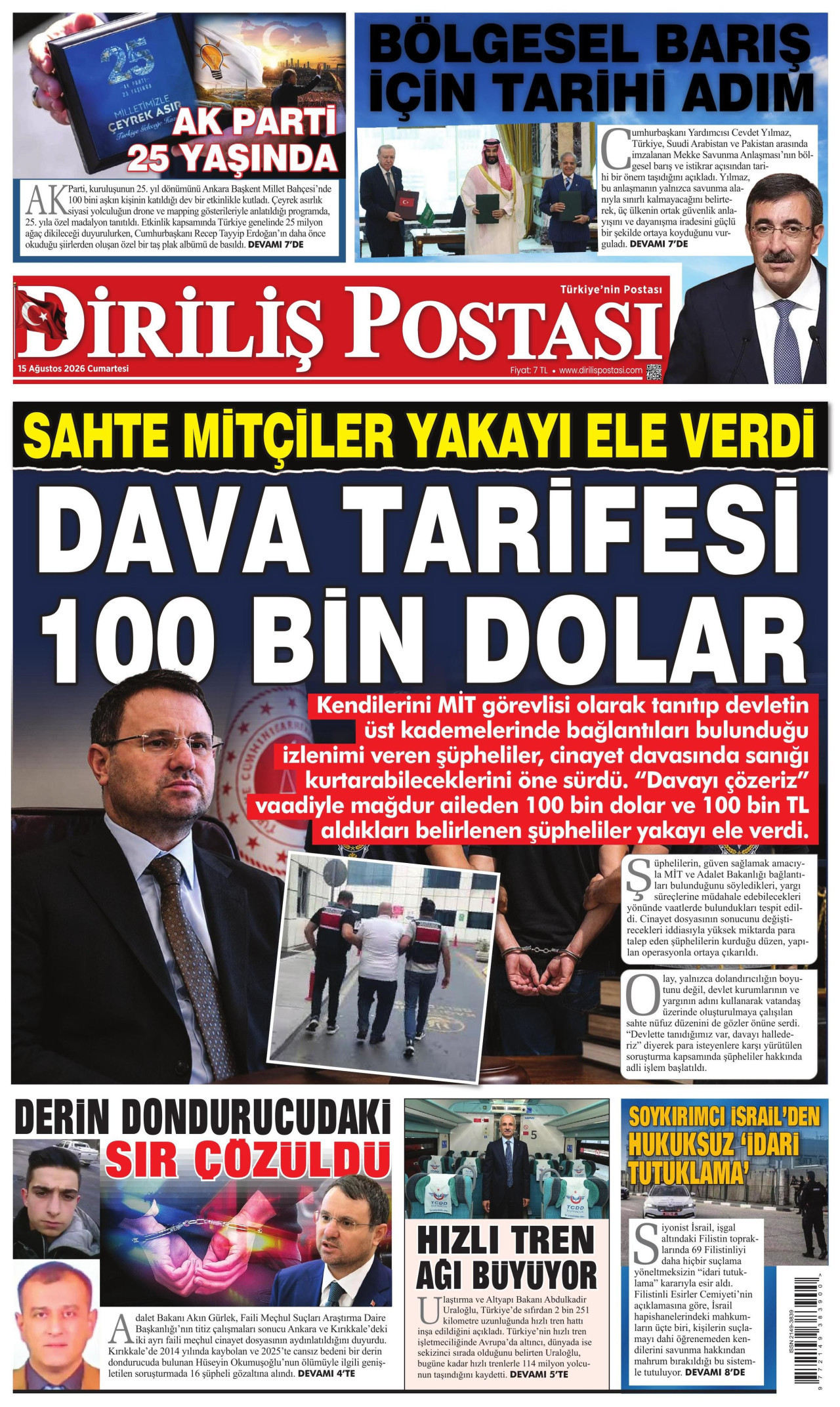 DİRİLİŞ POSTASI gazetesinin 15 Ağustos 2026 tarihli birinci sayfası