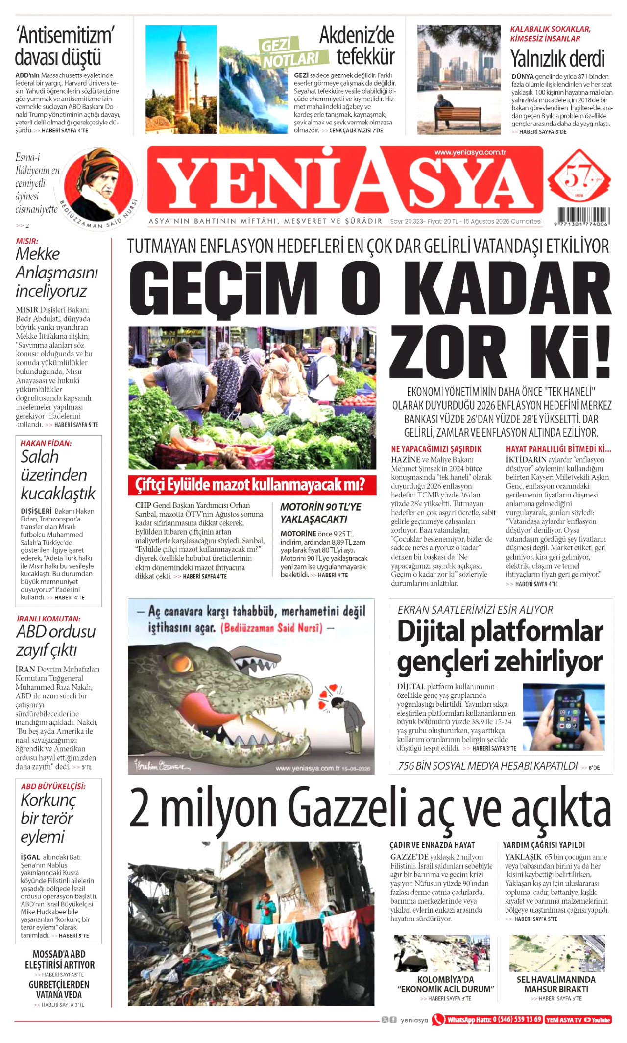 YENİ ASYA gazetesinin 15 Ağustos 2026 tarihli birinci sayfası
