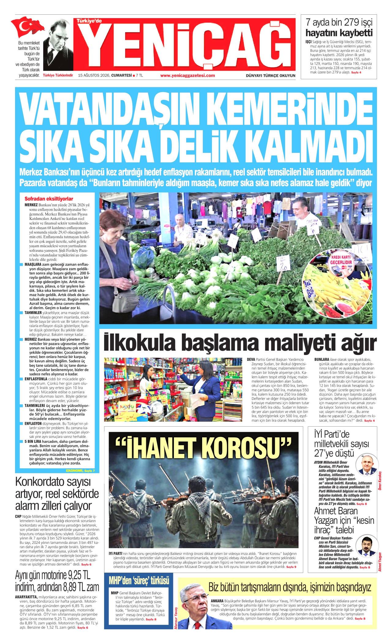 YENİÇAĞ gazetesinin 15 Ağustos 2026 tarihli birinci sayfası