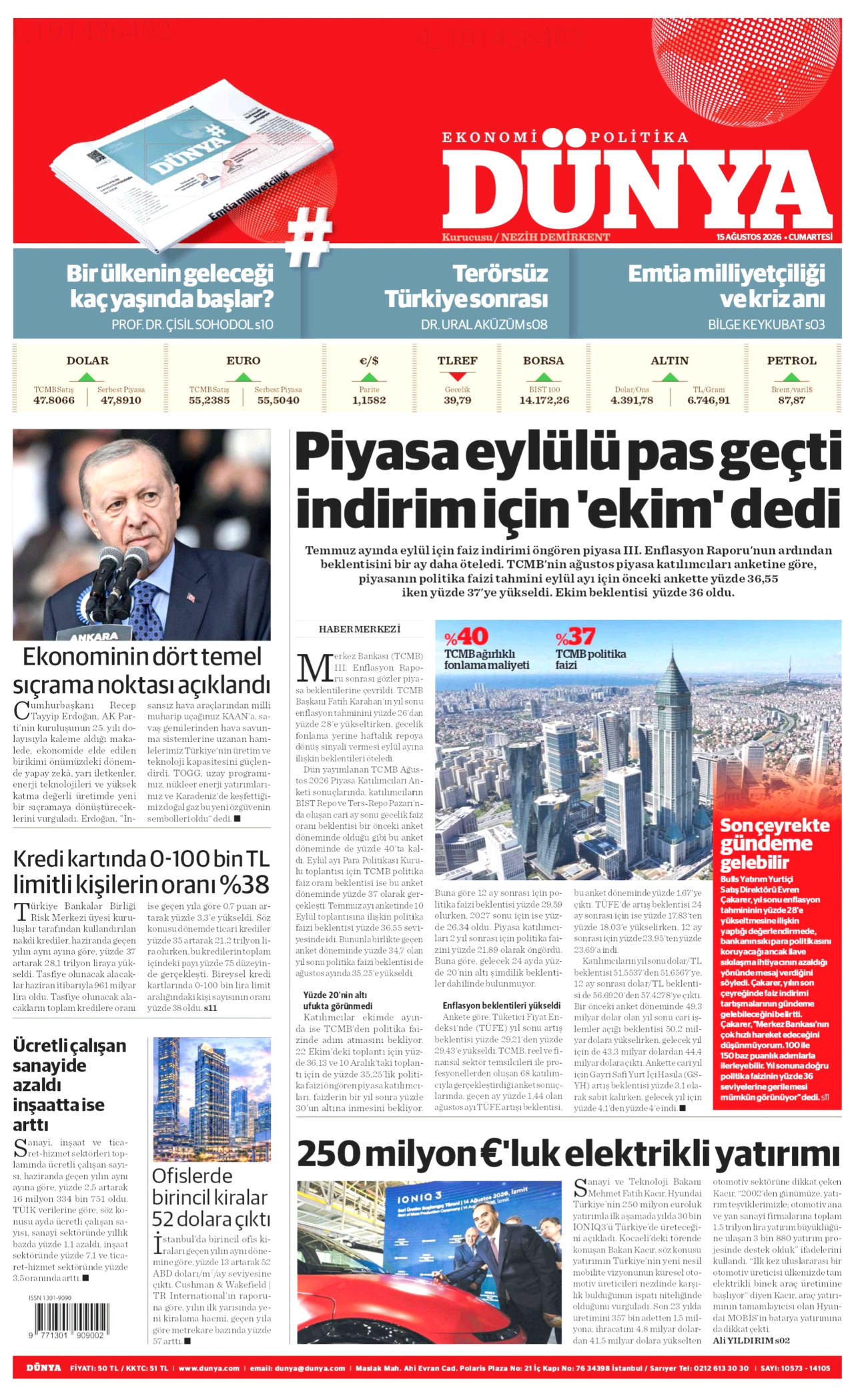 DÜNYA gazetesinin 15 Ağustos 2026 tarihli birinci sayfası