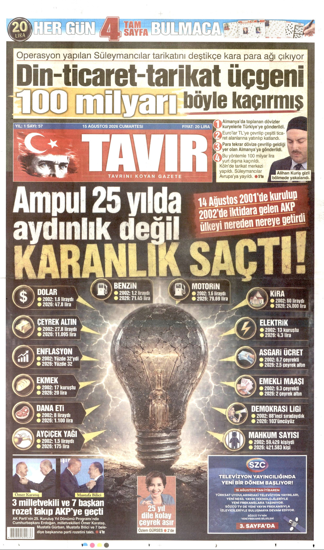 TAVIR GAZETESİ gazetesinin 15 Ağustos 2026 tarihli birinci sayfası