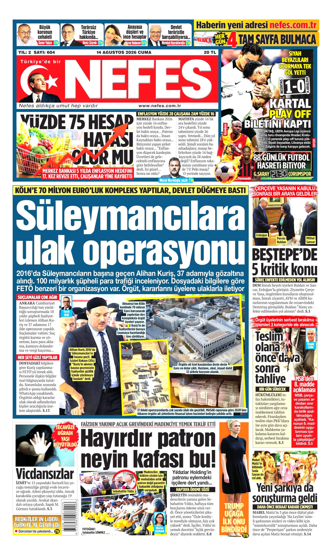 NEFES gazetesinin 14 Ağustos 2026 tarihli birinci sayfası