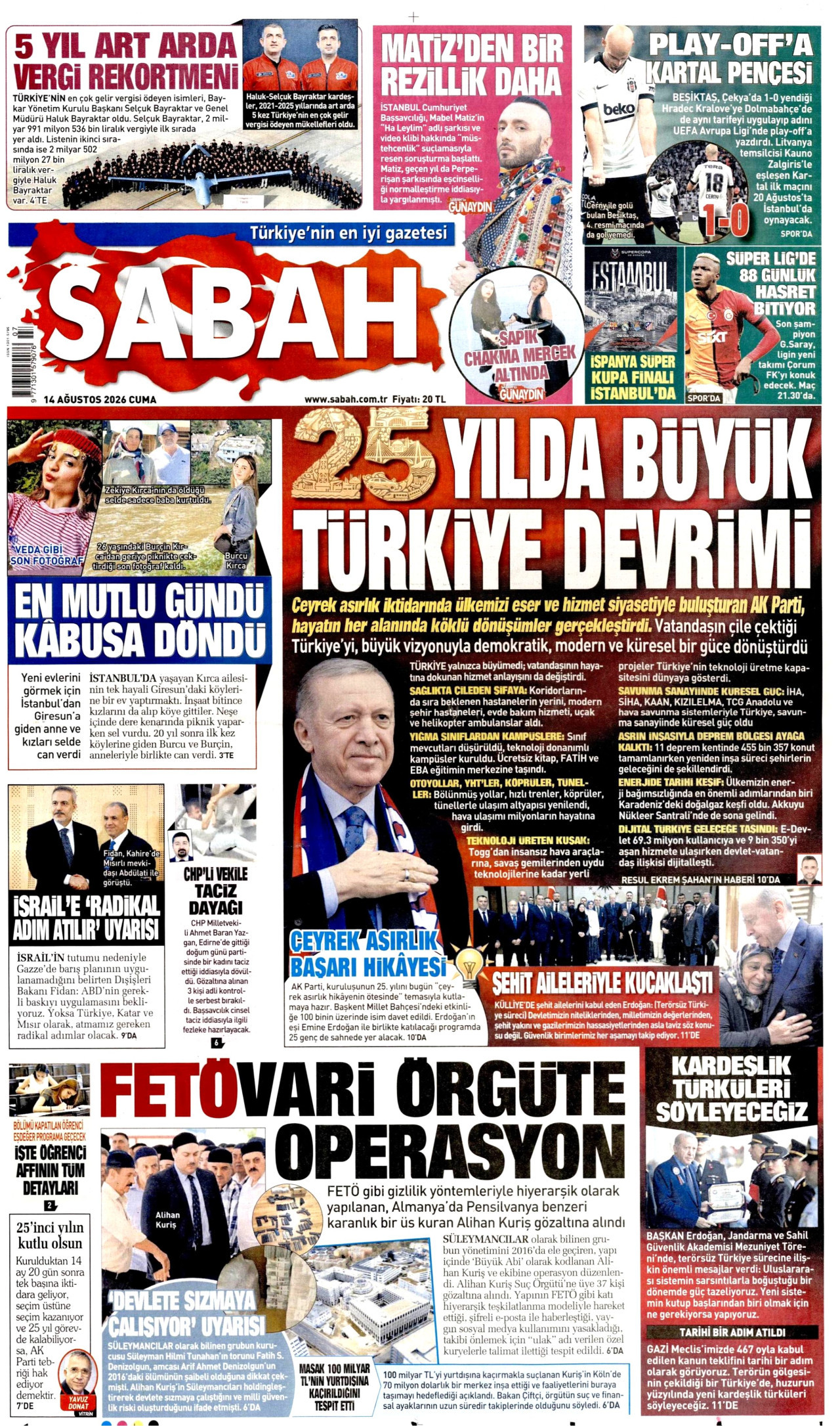 SABAH gazetesinin 14 Ağustos 2026 tarihli birinci sayfası