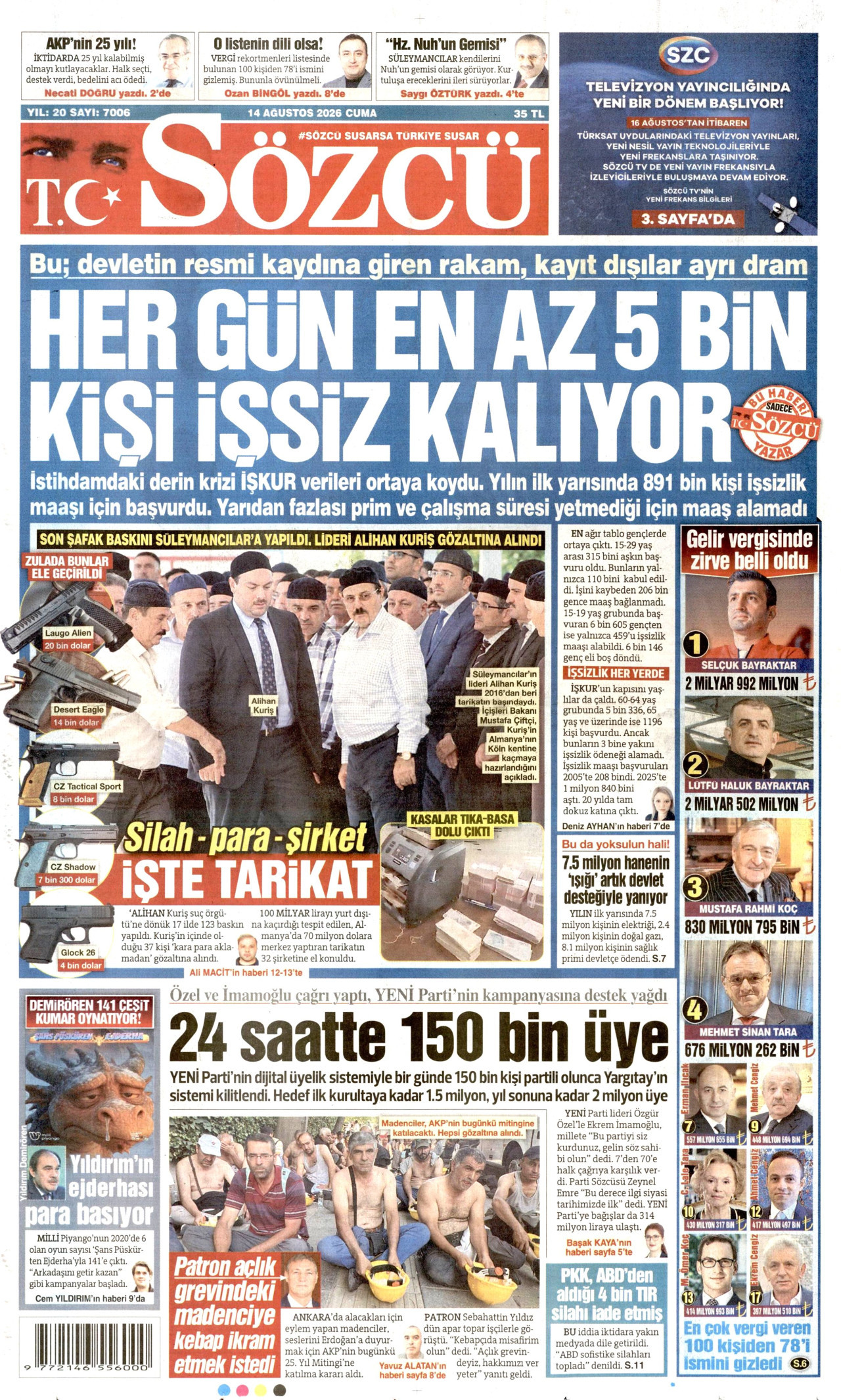 SÖZCÜ gazetesinin 14 Ağustos 2026 tarihli birinci sayfası