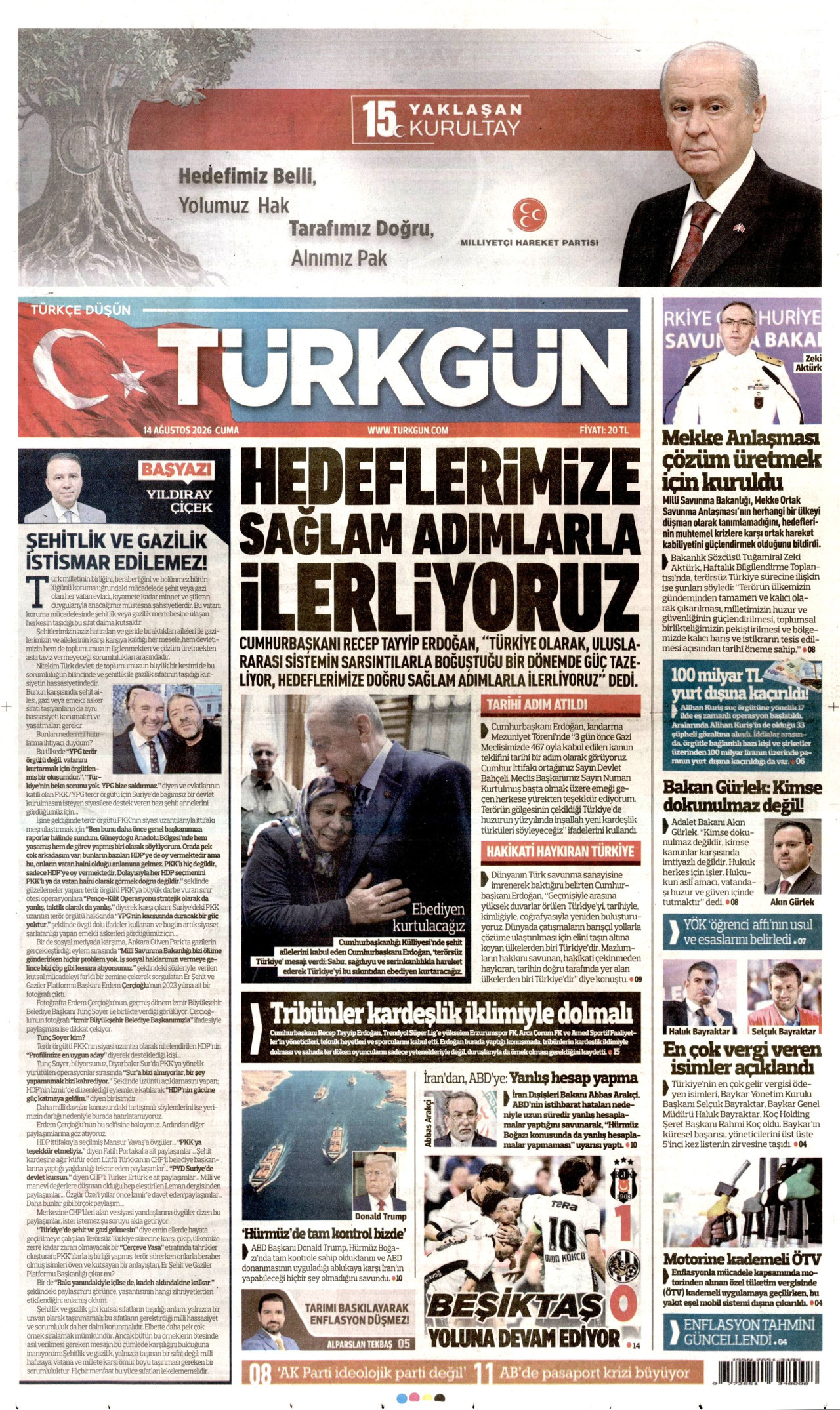TÜRKGÜN gazetesinin 14 Ağustos 2026 tarihli birinci sayfası