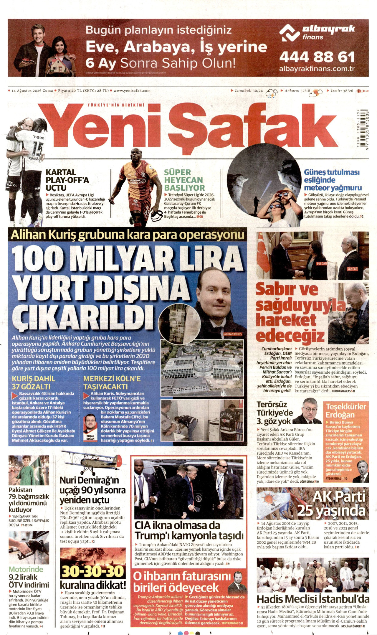 YENİ ŞAFAK gazetesinin 14 Ağustos 2026 tarihli birinci sayfası