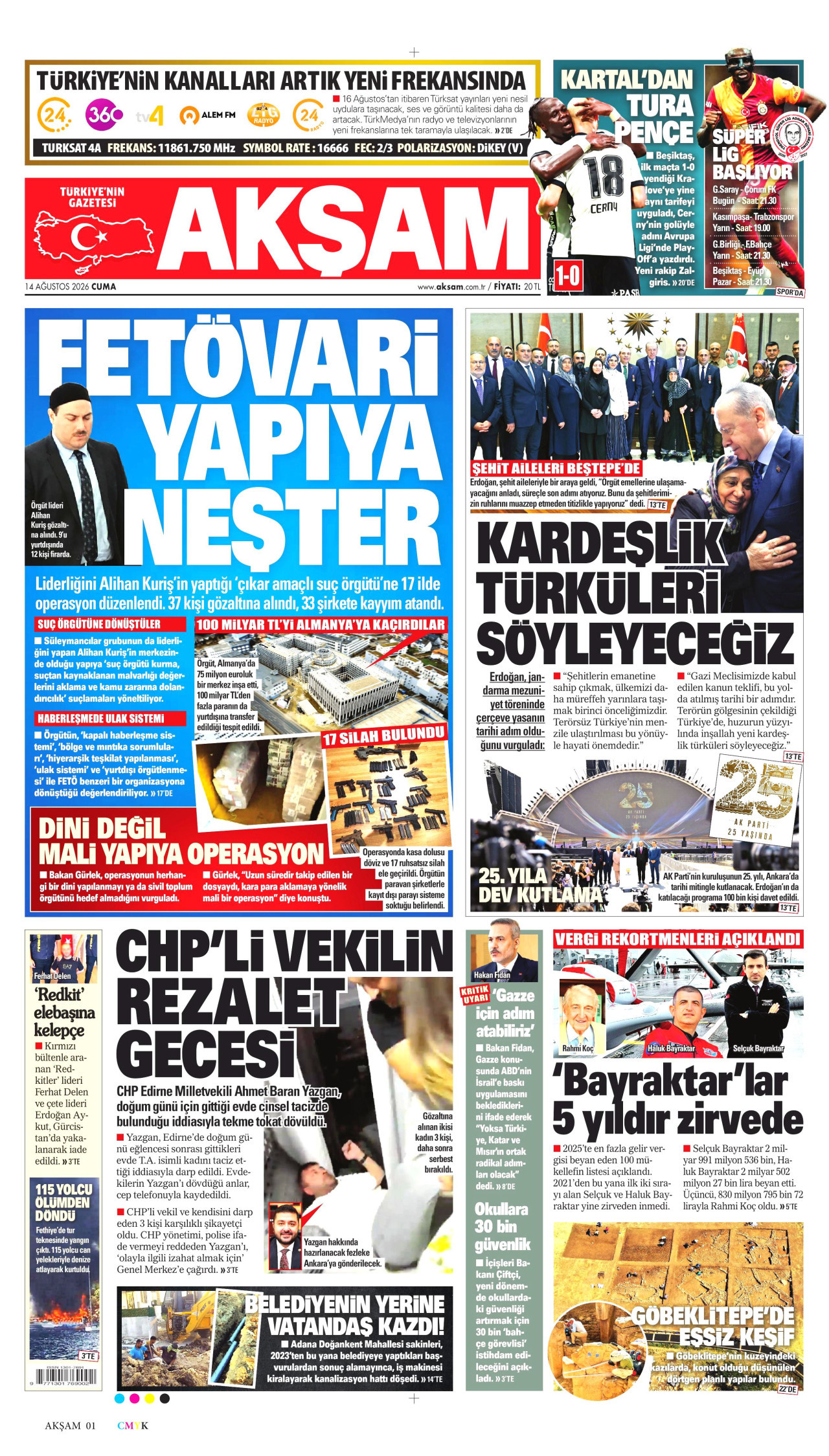 AKŞAM gazetesinin 14 Ağustos 2026 tarihli birinci sayfası