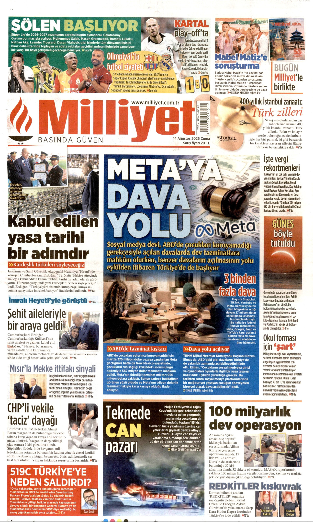 MİLLİYET gazetesinin 14 Ağustos 2026 tarihli birinci sayfası
