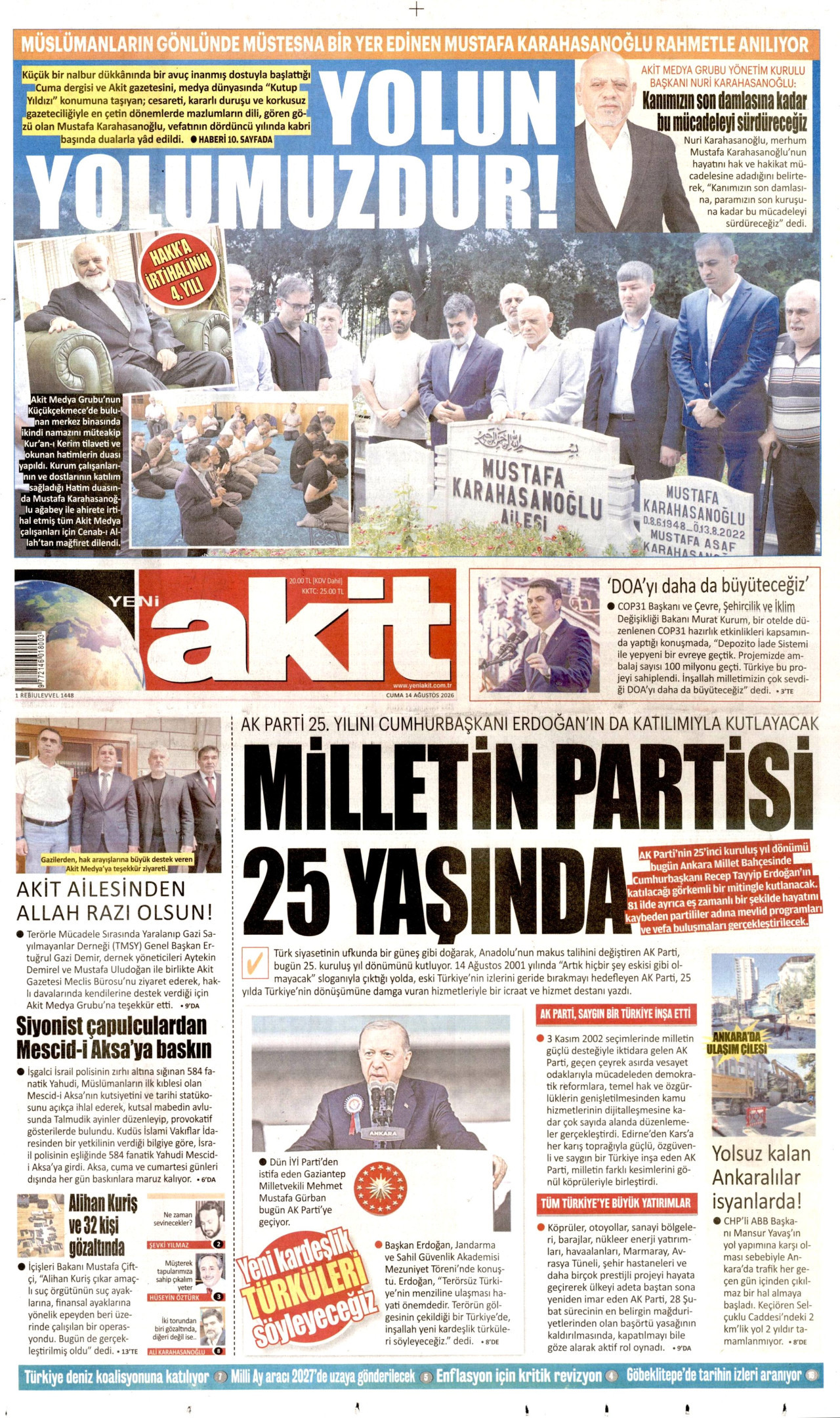 YENİ AKİT gazetesinin 14 Ağustos 2026 tarihli birinci sayfası