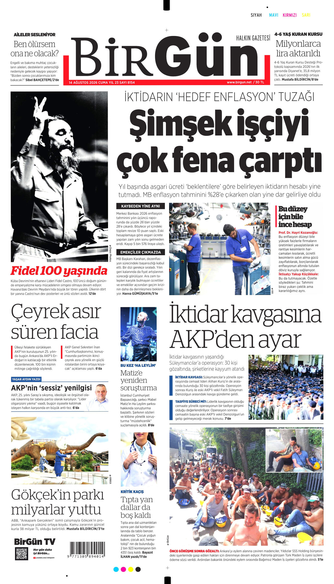 BİRGÜN gazetesinin 14 Ağustos 2026 tarihli birinci sayfası