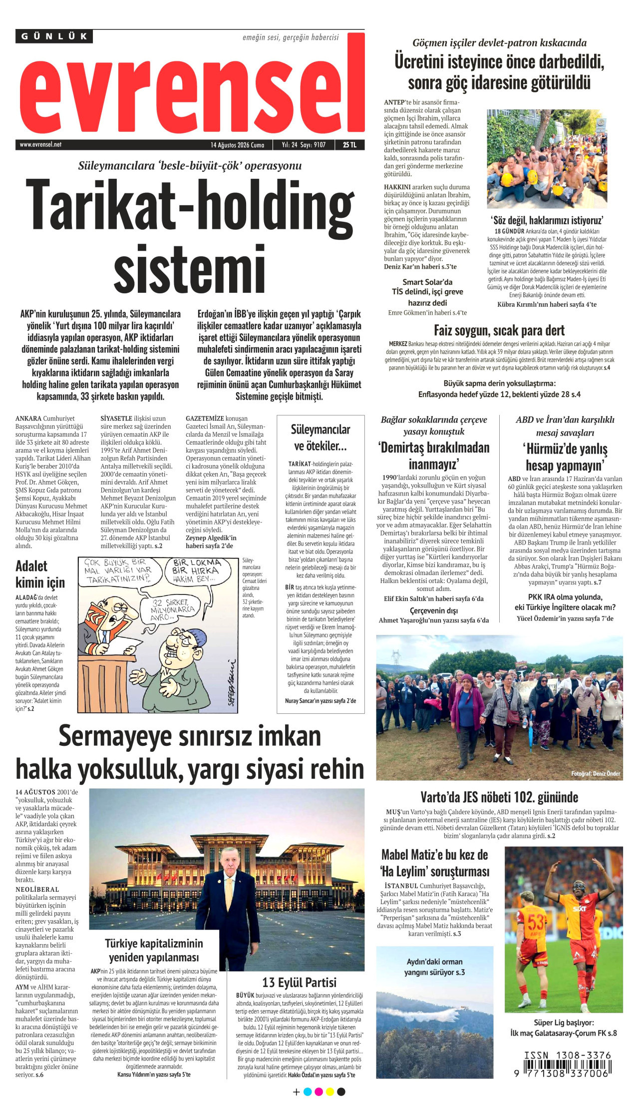 EVRENSEL gazetesinin 14 Ağustos 2026 tarihli birinci sayfası