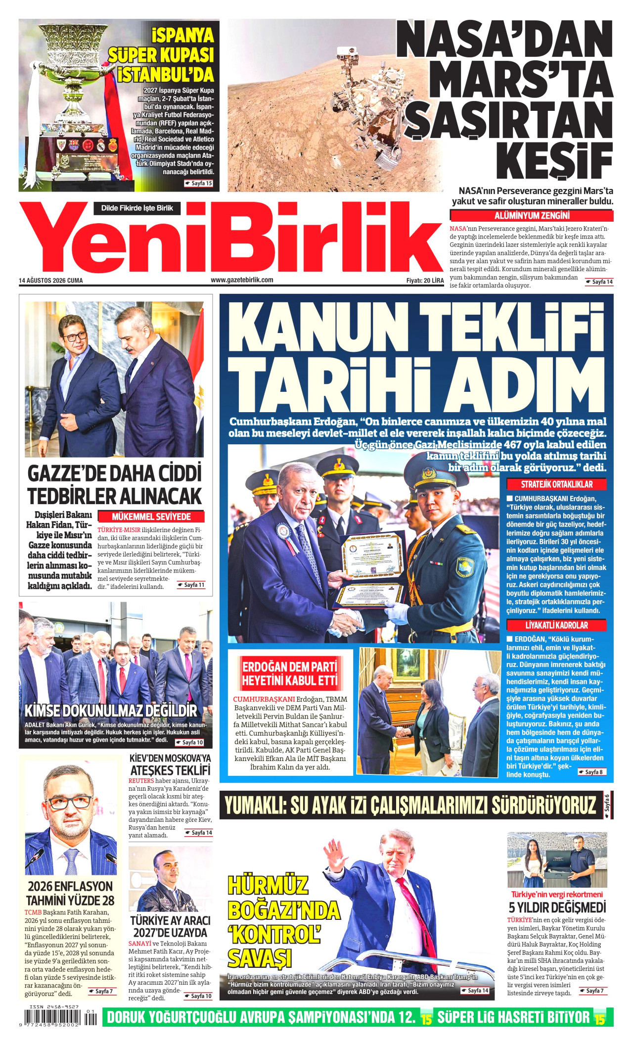 YENİBİRLİK gazetesinin 14 Ağustos 2026 tarihli birinci sayfası