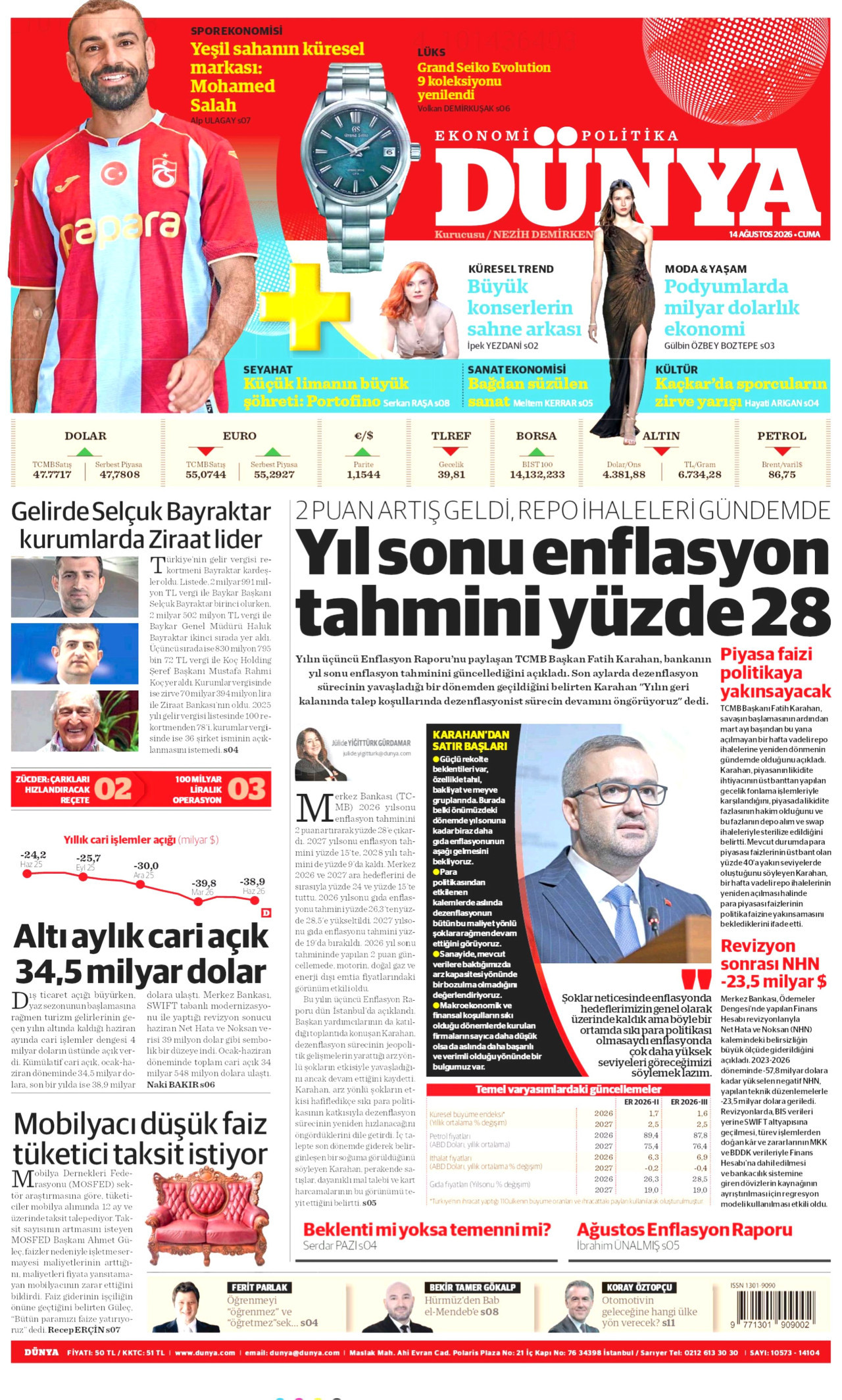 DÜNYA gazetesinin 14 Ağustos 2026 tarihli birinci sayfası