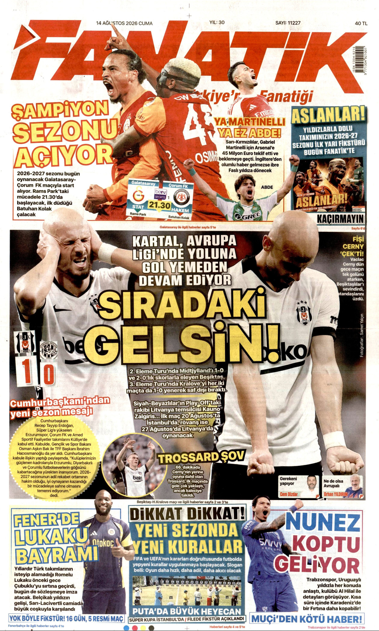 FANATİK gazetesinin 14 Ağustos 2026 tarihli birinci sayfası