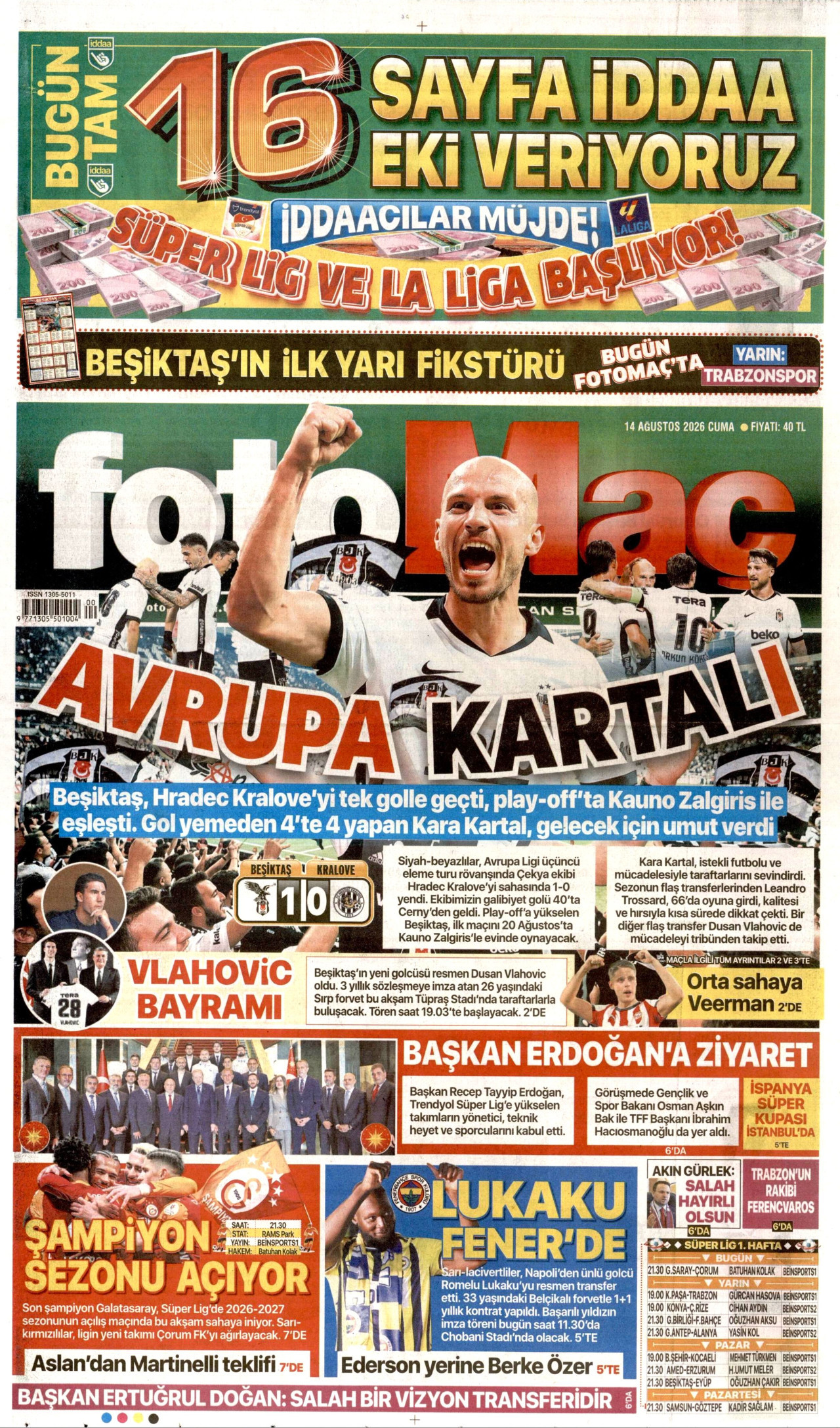 FOTOMAÇ gazetesinin 14 Ağustos 2026 tarihli birinci sayfası