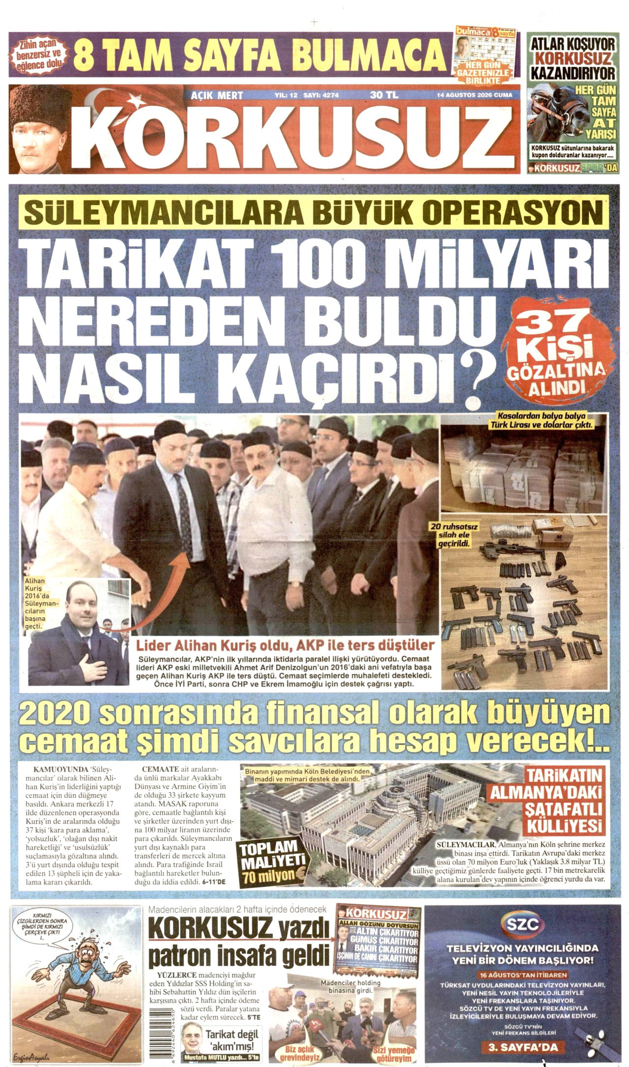KORKUSUZ gazetesinin 14 Ağustos 2026 tarihli birinci sayfası
