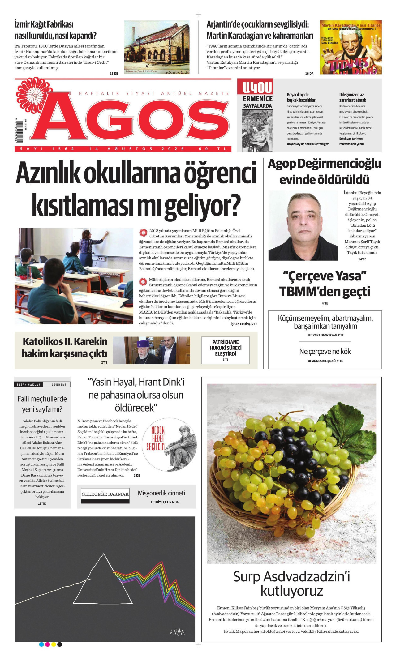 AGOS gazetesinin 14 Ağustos 2026 tarihli birinci sayfası