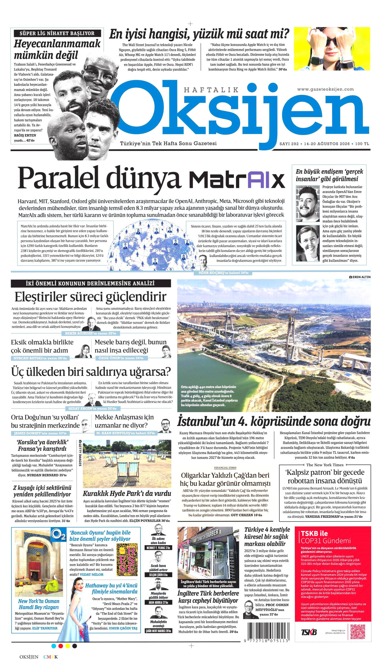 OKSİJEN gazetesinin 14 Ağustos 2026 tarihli birinci sayfası