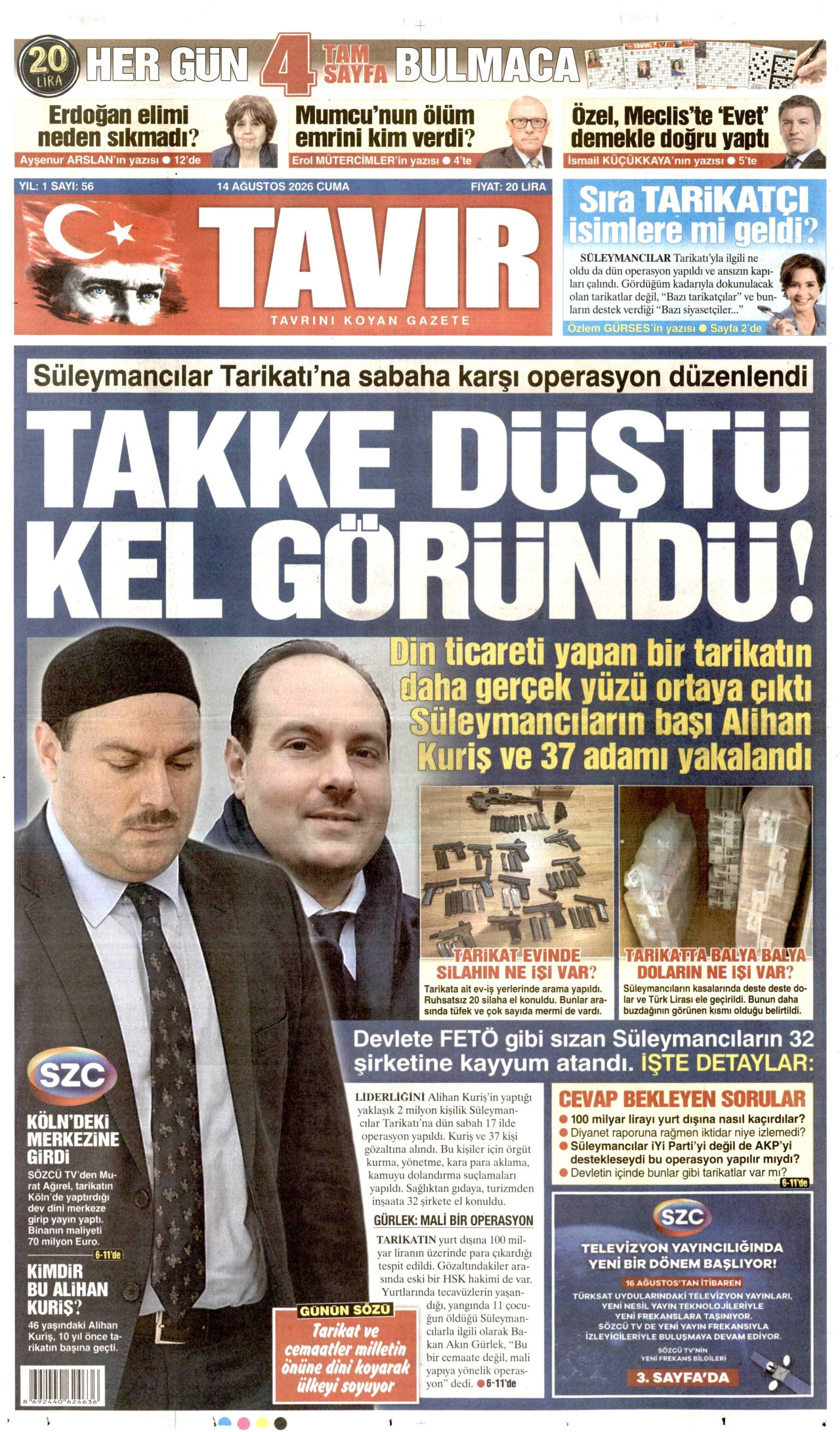 TAVIR GAZETESİ gazetesinin 14 Ağustos 2026 tarihli birinci sayfası