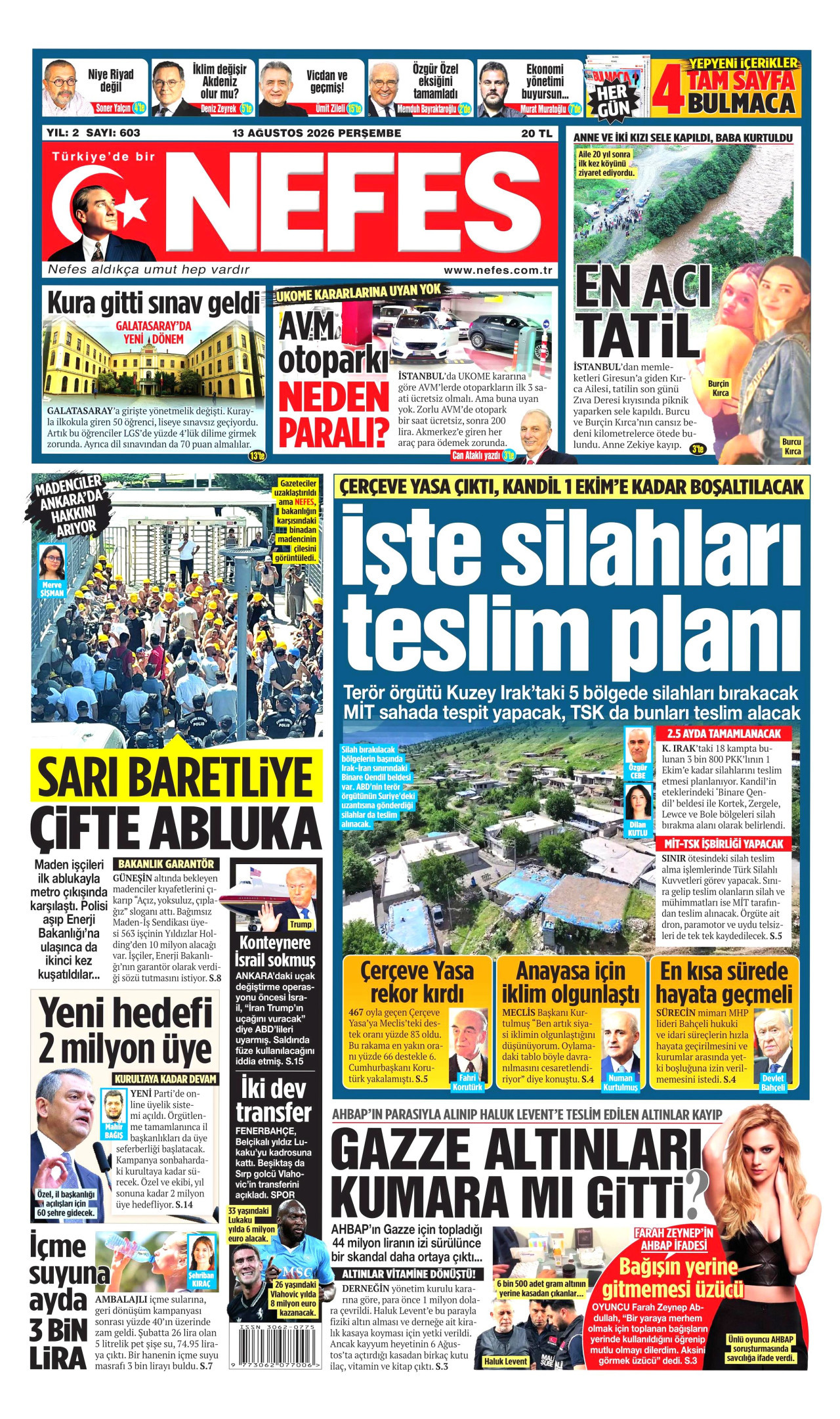 NEFES gazetesinin 13 Ağustos 2026 tarihli birinci sayfası